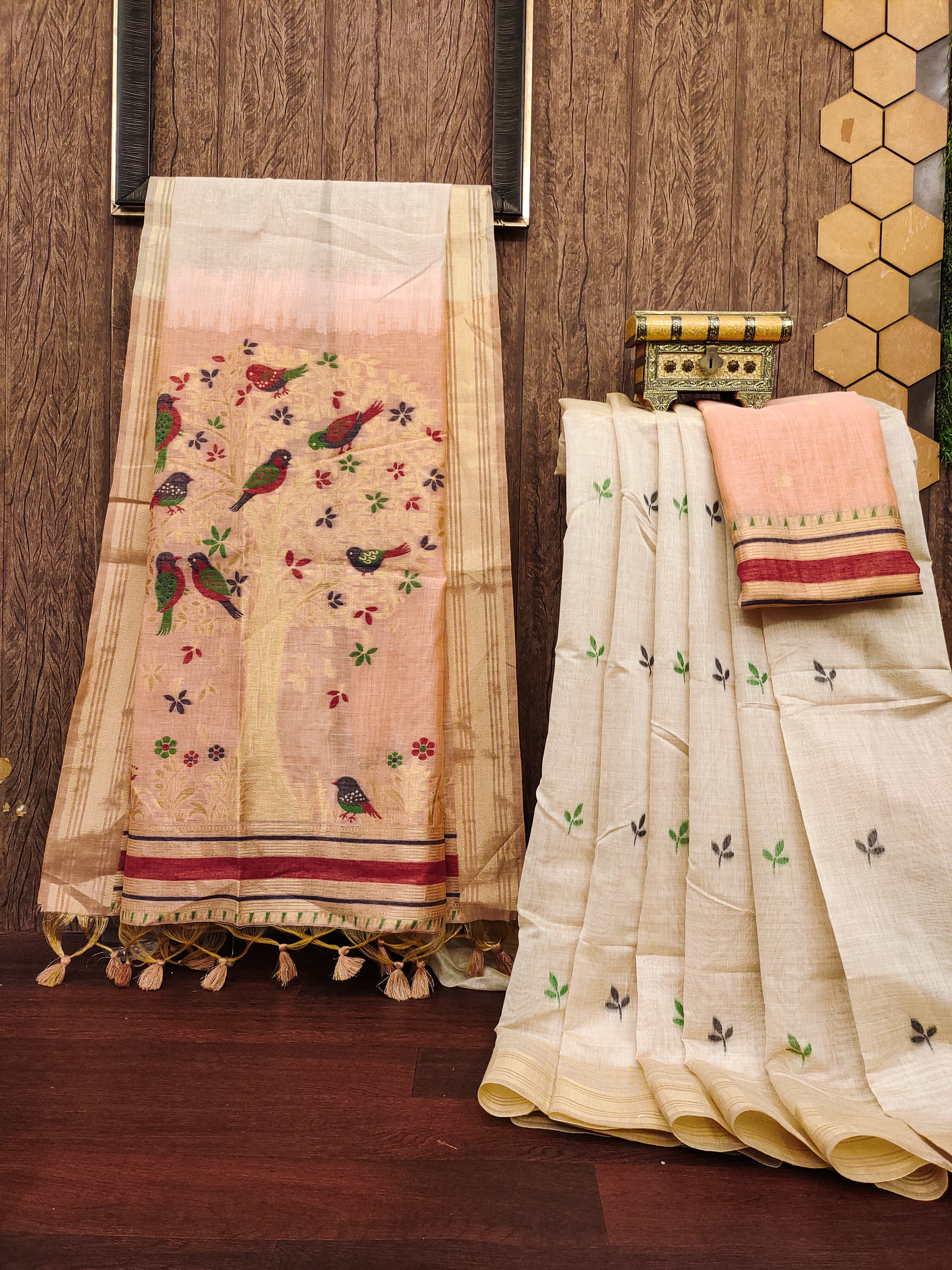 Buy MySilkLove Wheat Cream and Peach Woven Muga Cotton Saree Online