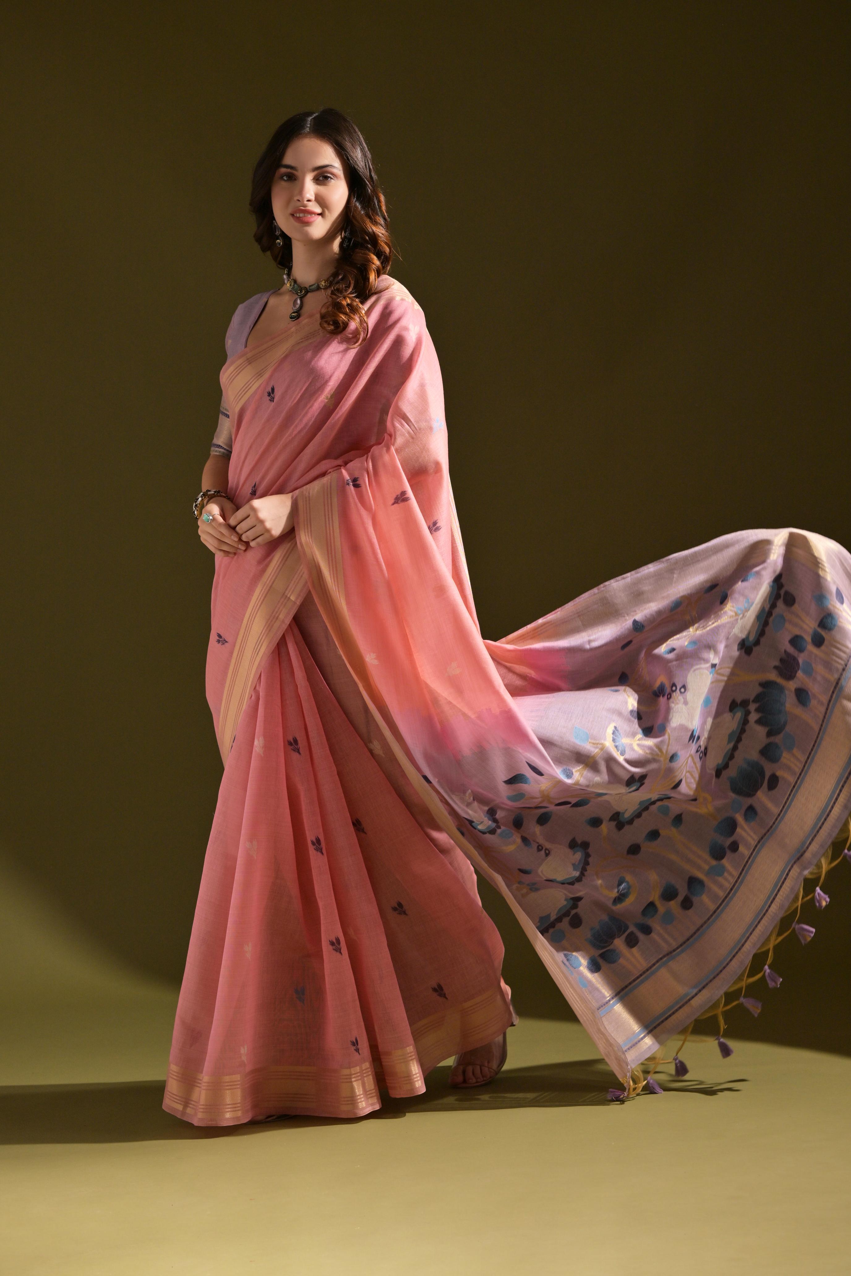 Buy MySilkLove Carnation Pink Woven Muga Cotton Saree Online