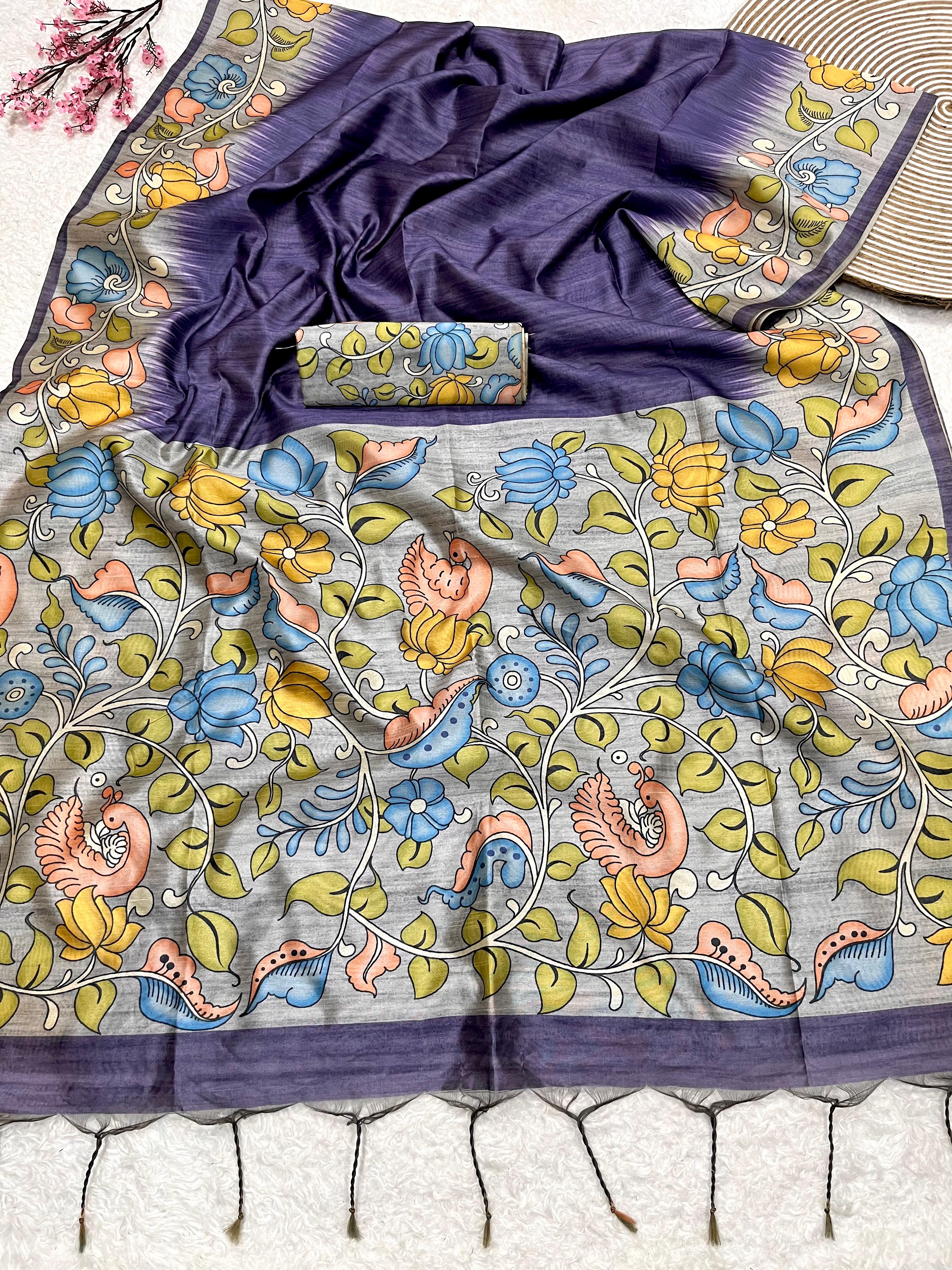 Buy MySilkLove Borage Blue Floral Printed Cotton Saree Online