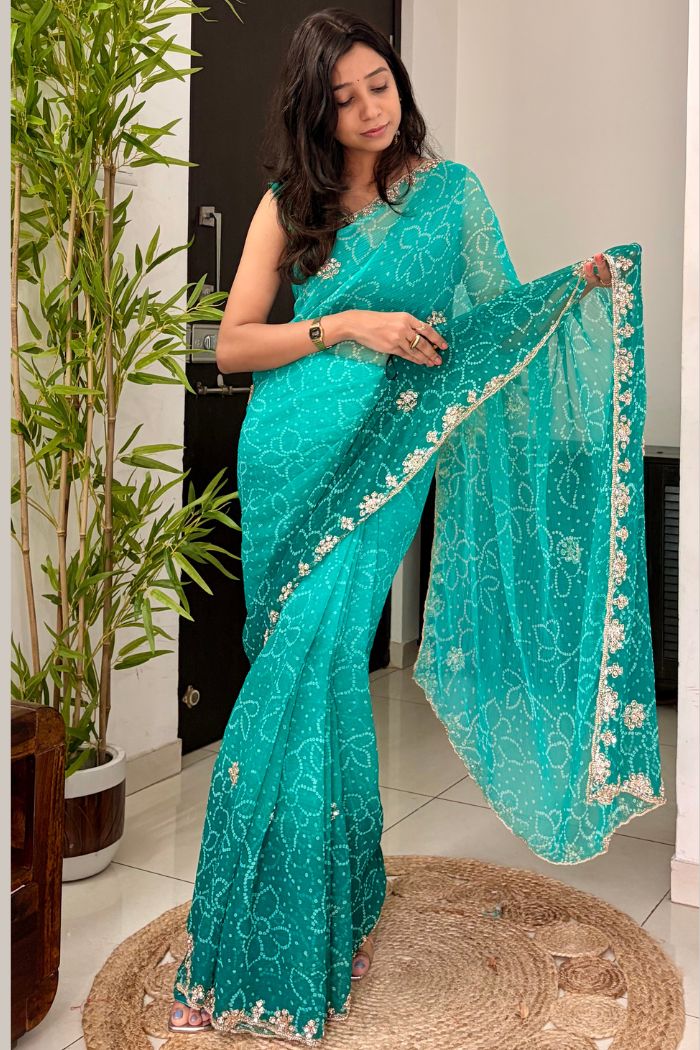 Buy MySilkLove Aqua Teal Georgette Chiffon Bead Work Saree Online