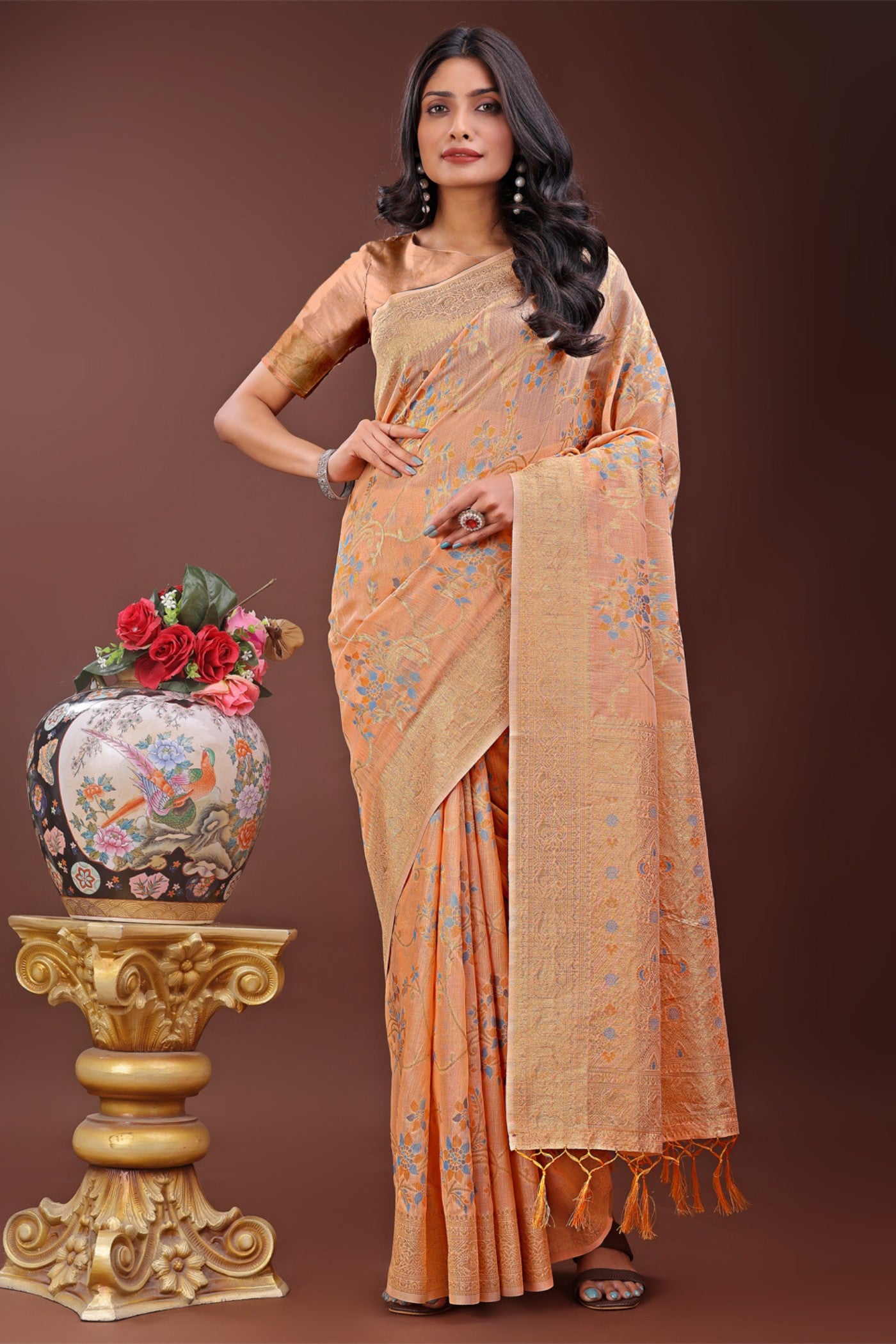 Buy MySilkLove Rustic Orange Linen Cotton Saree Online