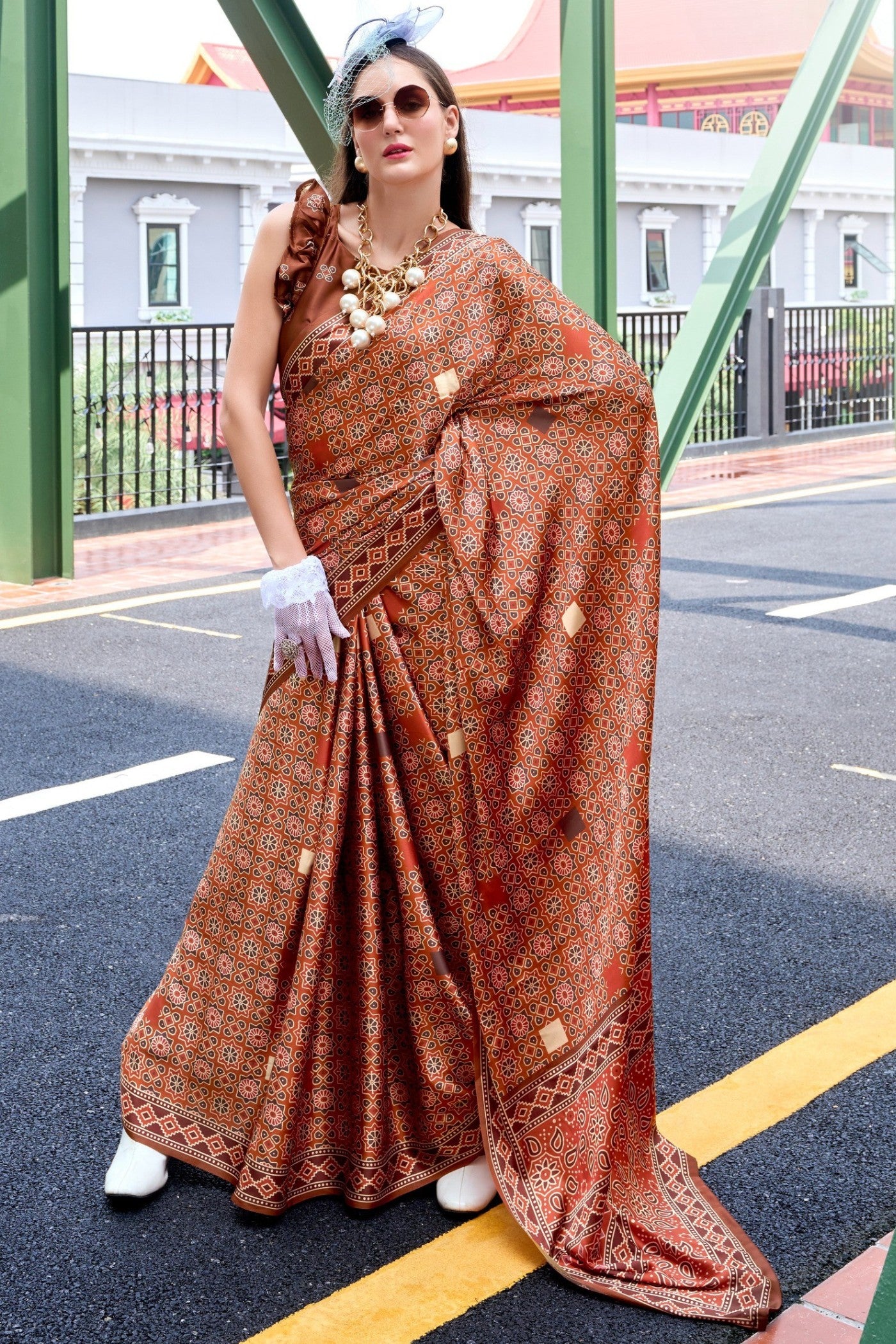 Buy MySilkLove Pecan Brown Ajrakh Printed Satin Crepe Silk Saree Online