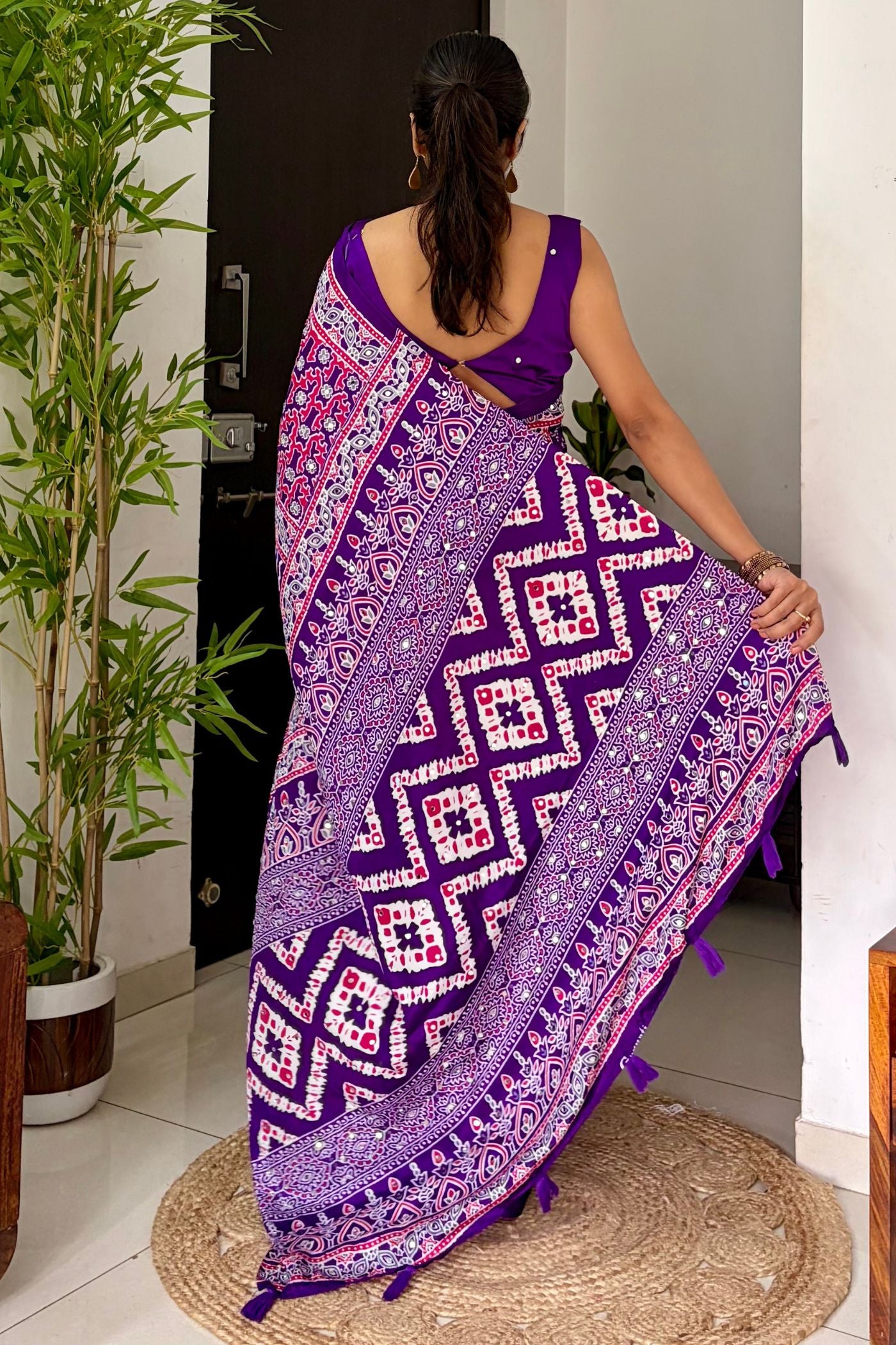 Buy MySilkLove Insolent Purple Ajrakh Satin Printed Mirror Work Saree Online