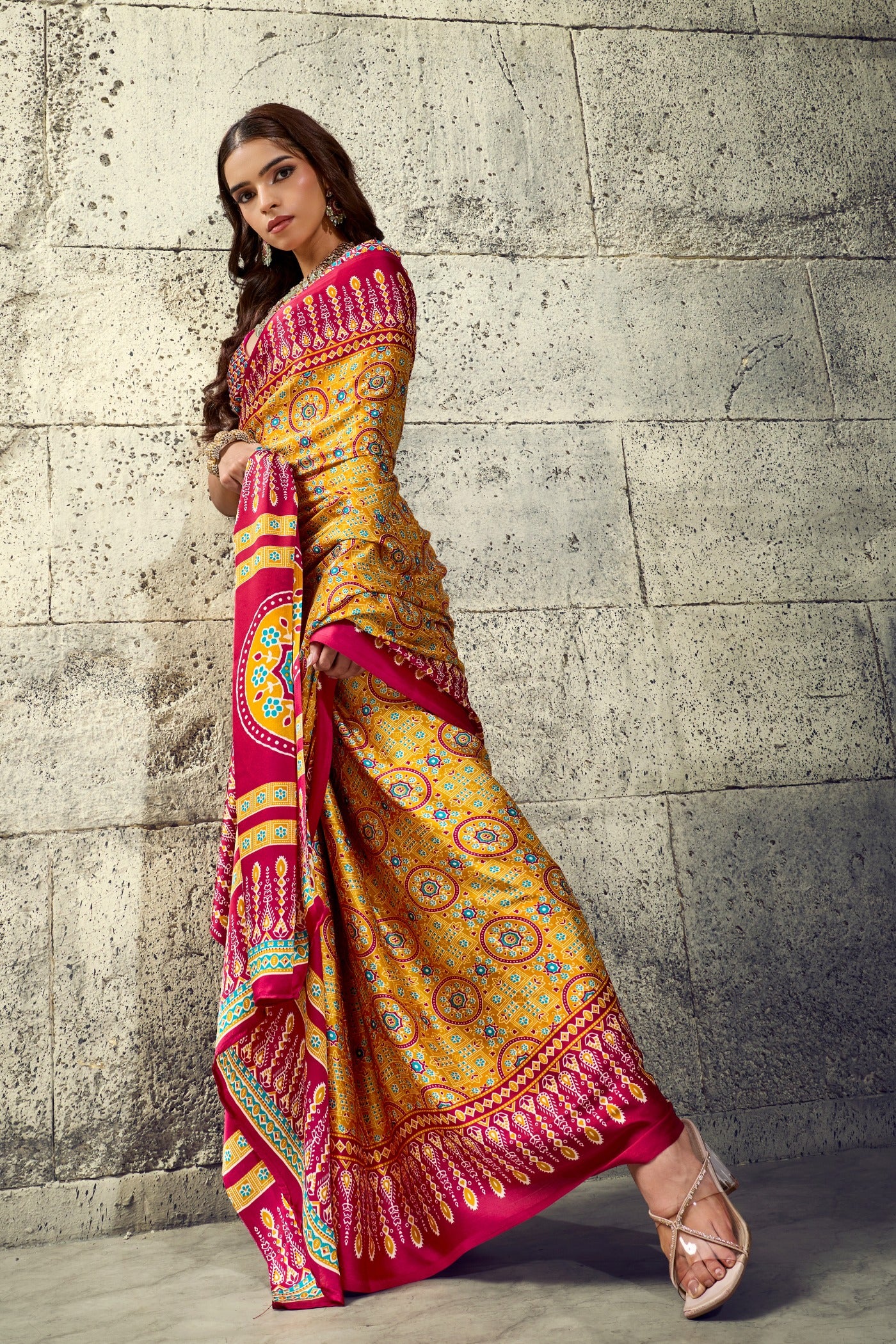 Buy MySilkLove Canary Yellow Modal Ajrakh Satin Printed Silk Saree Online