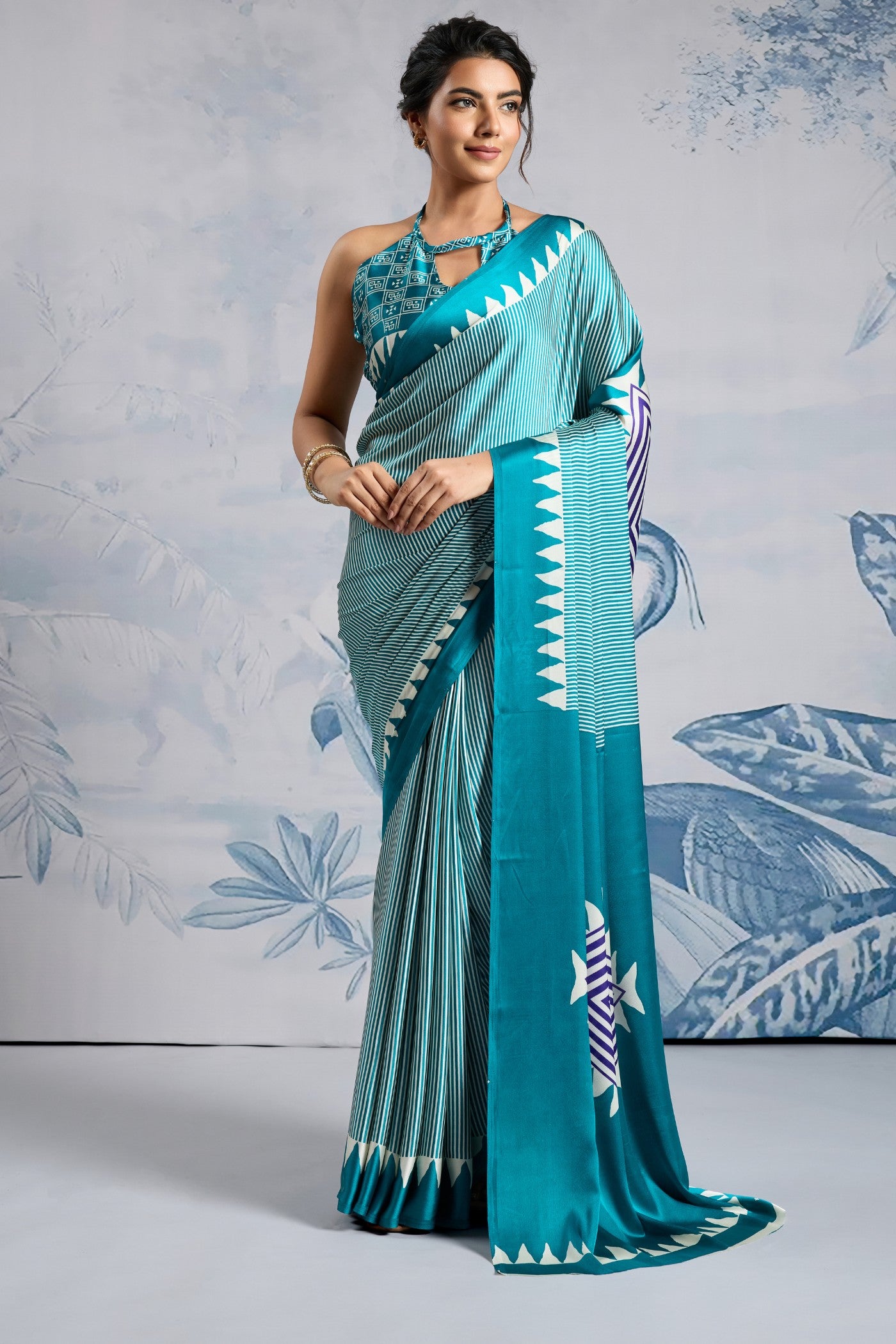 Buy MySilkLove Isla Blue Stripe Ajrakh Printed Satin Crepe Silk Saree Online