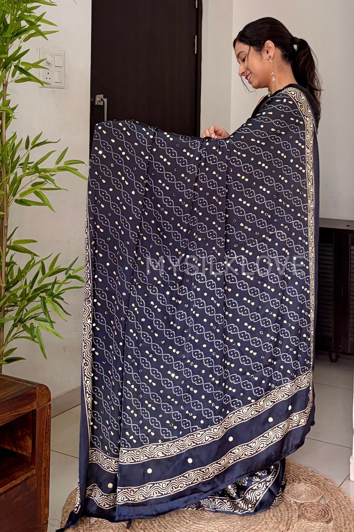 Buy MySilkLove Obsidian Black and Blue Ajrakh Satin Printed Mirror Work Saree Online
