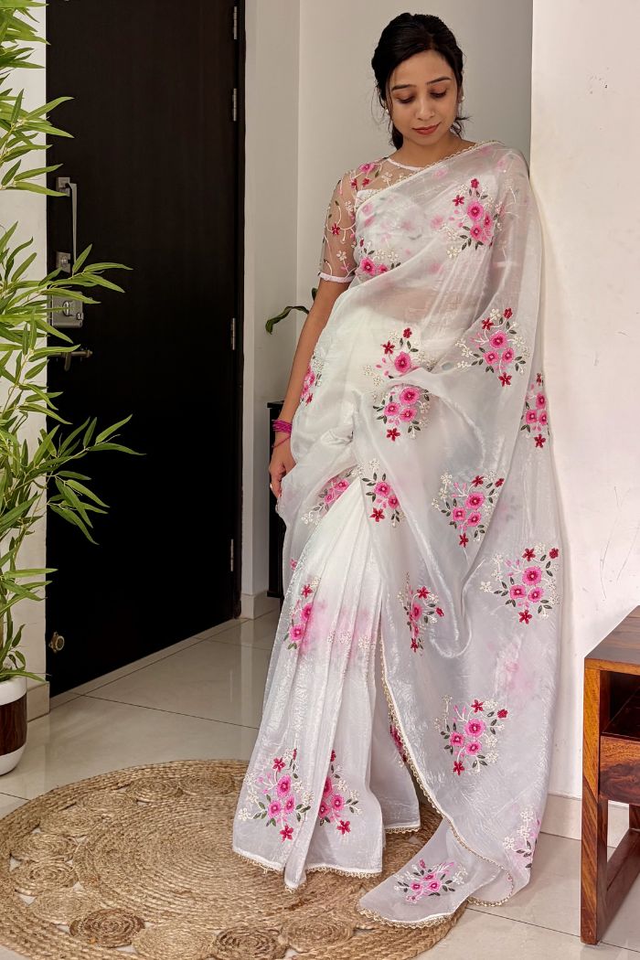 Buy MySilkLove Crystal White Floral Hand Embroidered Crush Tissue Saree Online