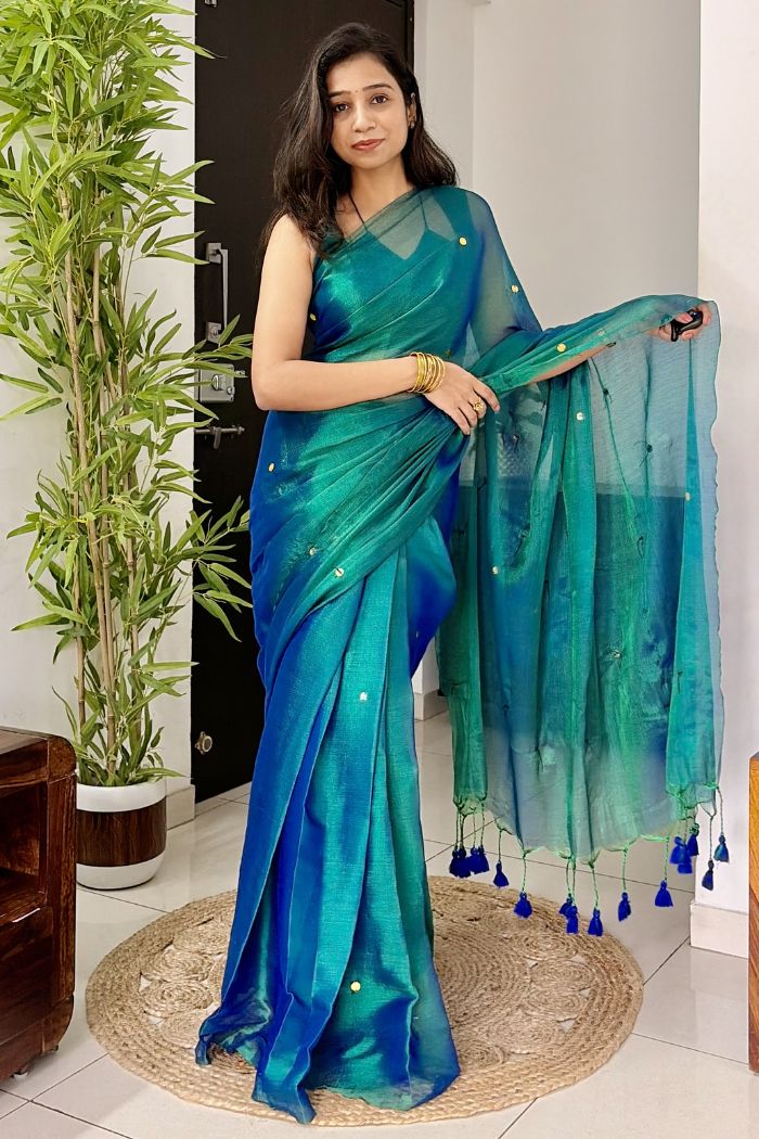 Buy MySilkLove Egyptian Blue Tissue Woven Saree Online