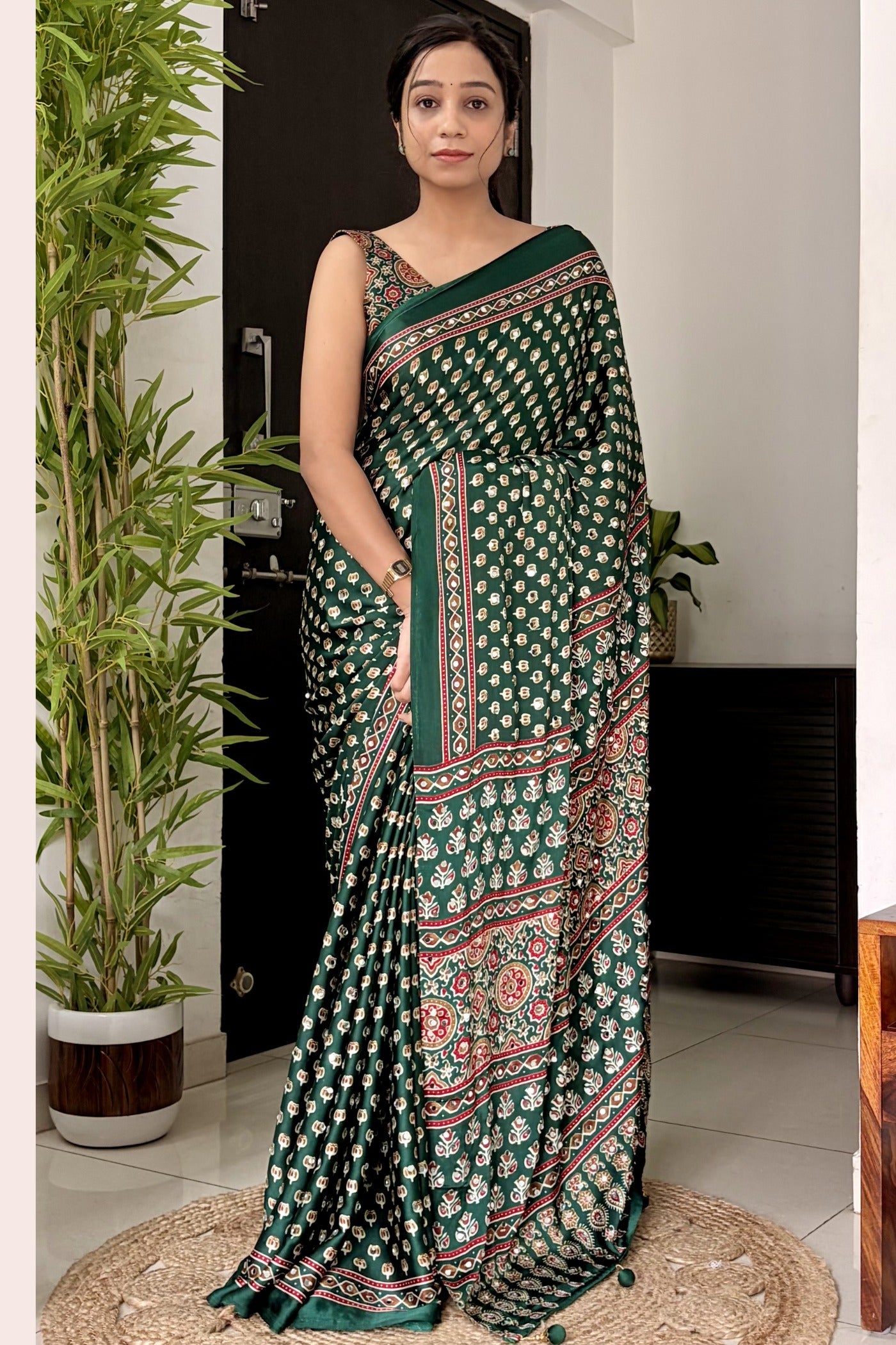 MySilkLove Hunter Green Modal Ajrakh Satin Printed Mirror Work Saree