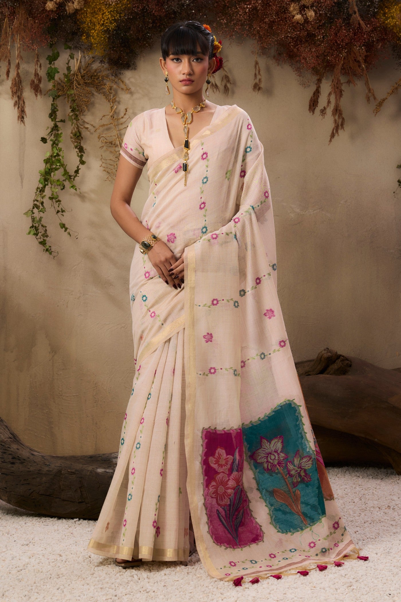 Buy MySilkLove Custard Cream Handloom Muga Cotton Saree Online
