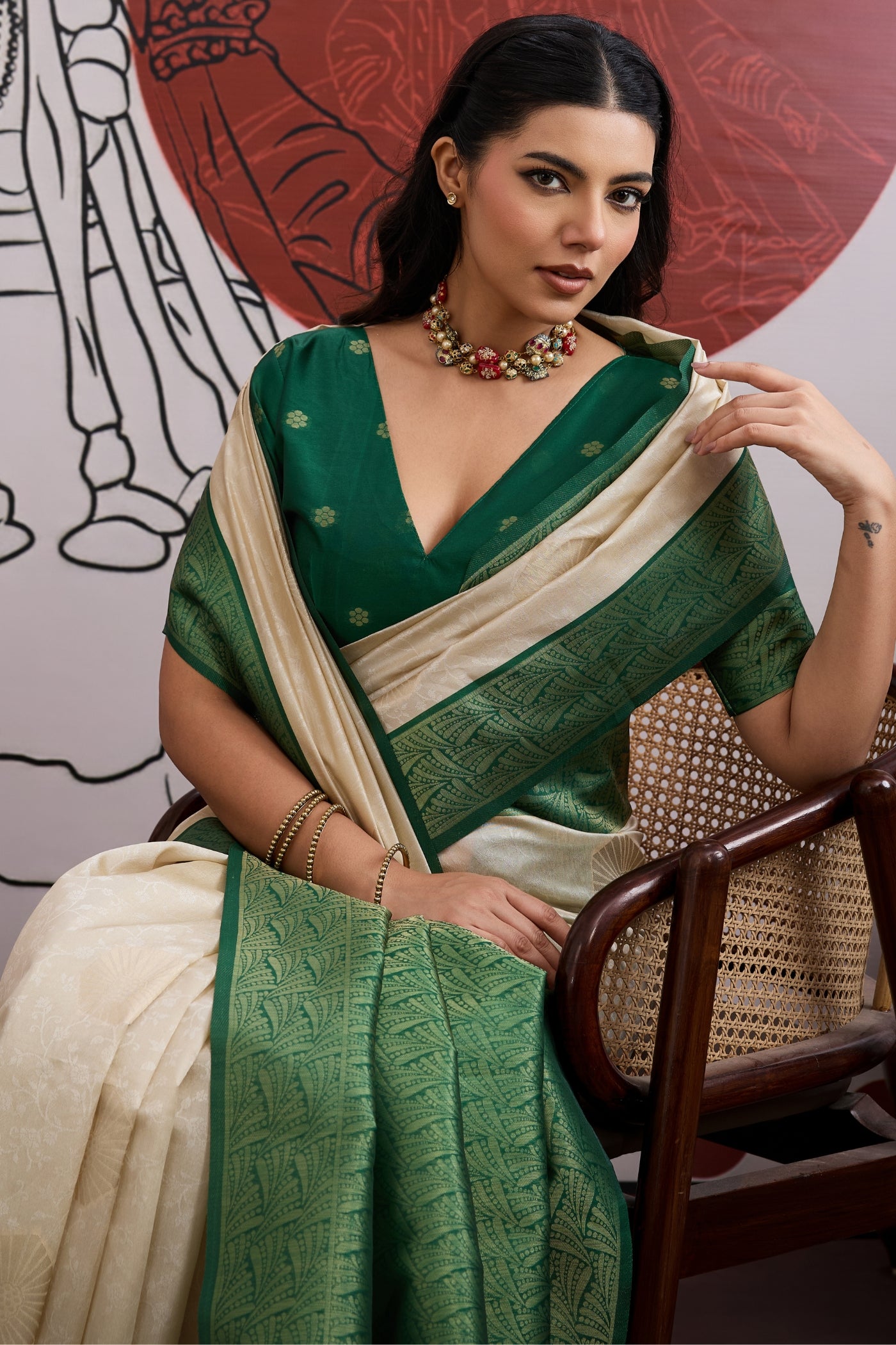 Buy MySilkLove Windsor Cream and Green Handloom South Silk Saree Online