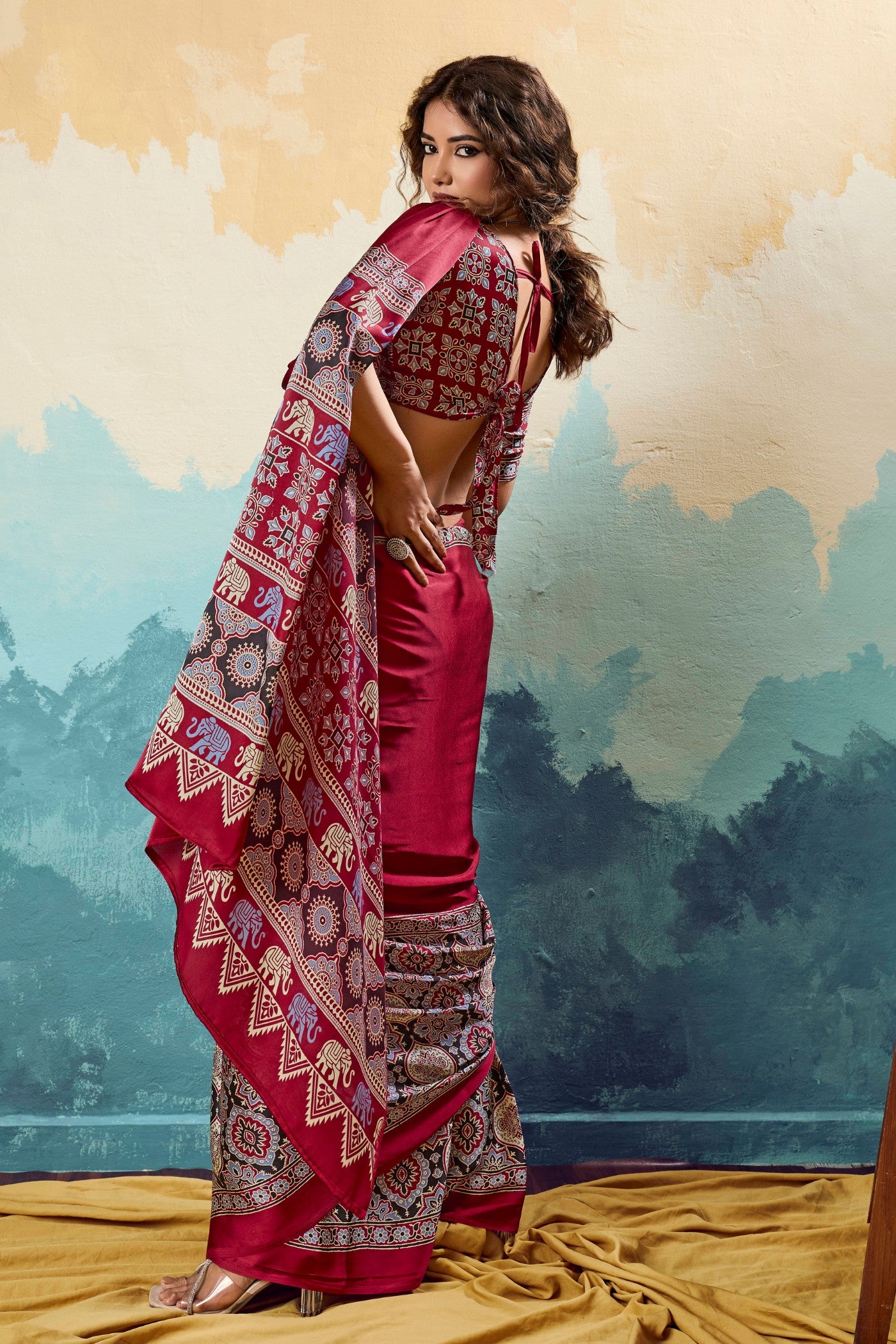 Buy MySilkLove Tomato Red Modal Ajrakh Satin Printed Silk Saree Online