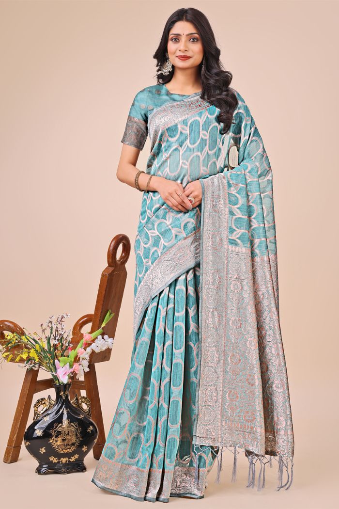 Buy MySilkLove Sky Blue Linen Cotton Saree Online