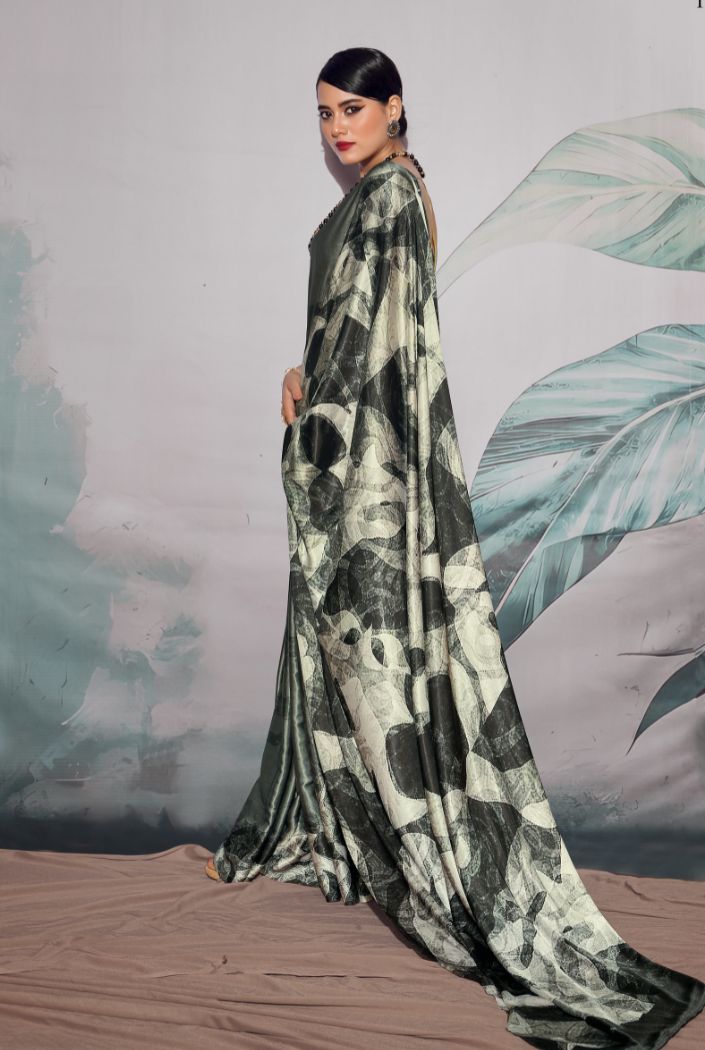 Buy MySilkLove Armadillo Green Printed Satin Silk Saree Online