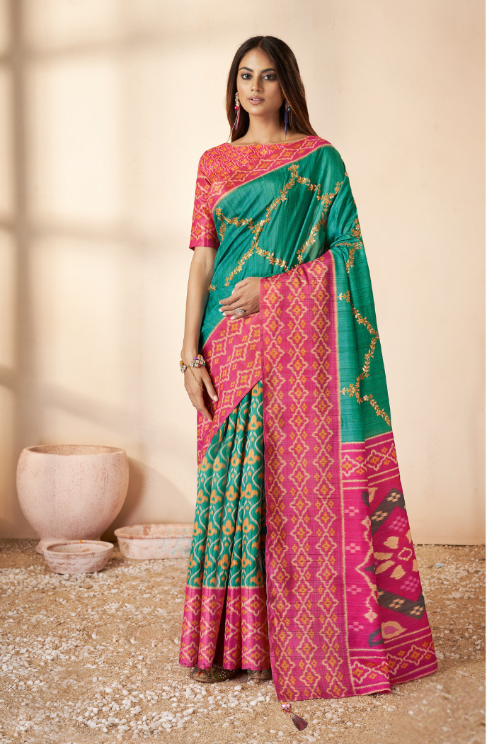 Buy MySilkLove Aqua Deep Green and Pink Printed Banarasi Saree Online