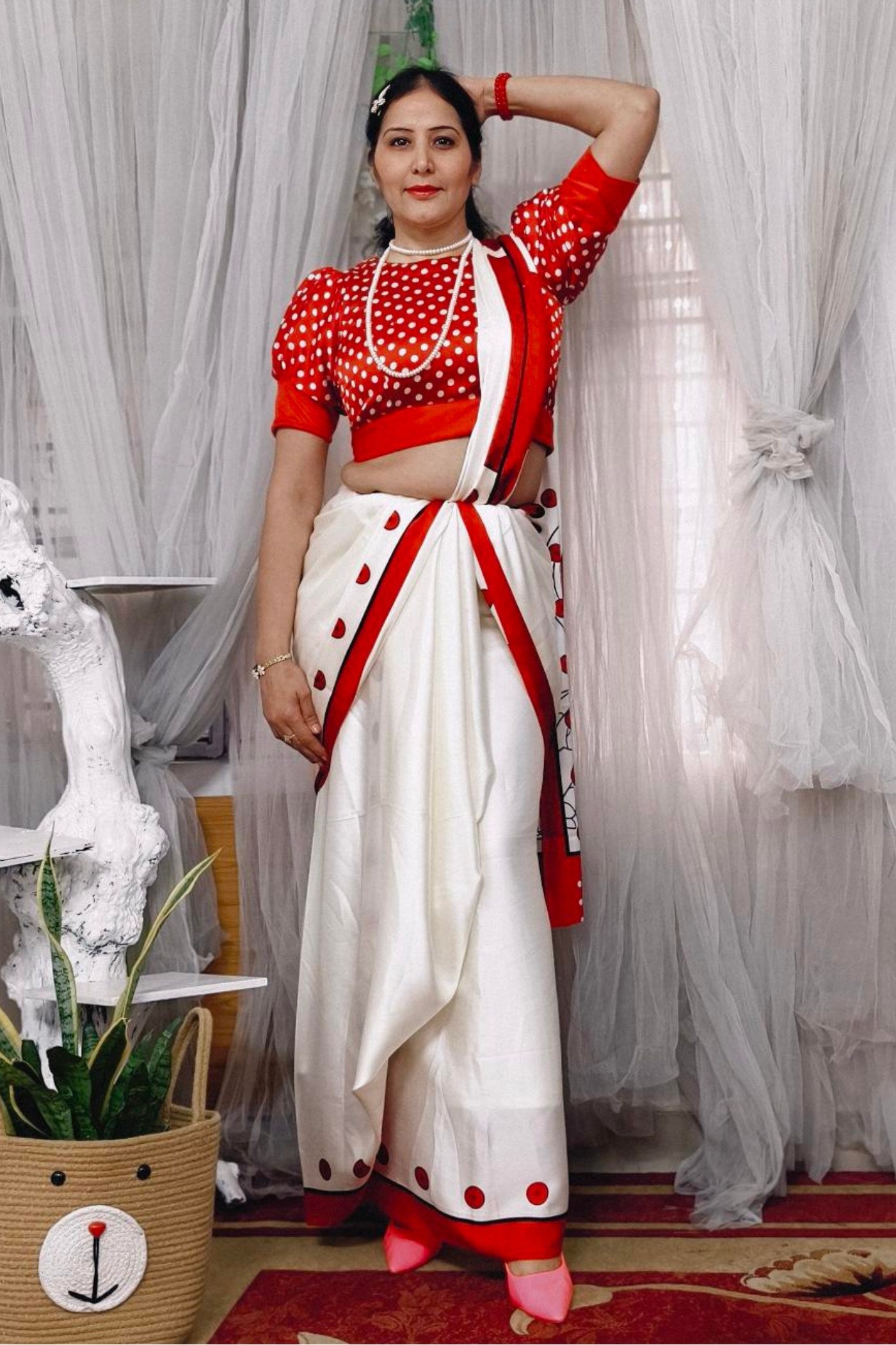 Buy MySilkLove Foggy White and Red Printed Satin Crepe Silk Saree Online