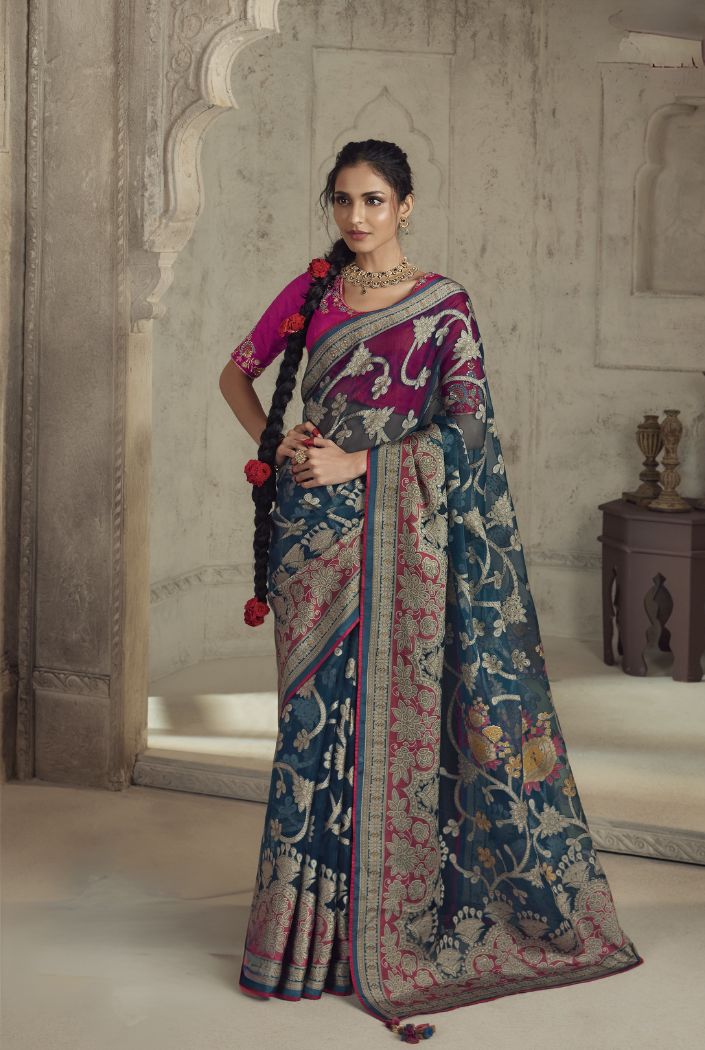 Buy MySilkLove Oxford Blue Woven Organza Saree Online