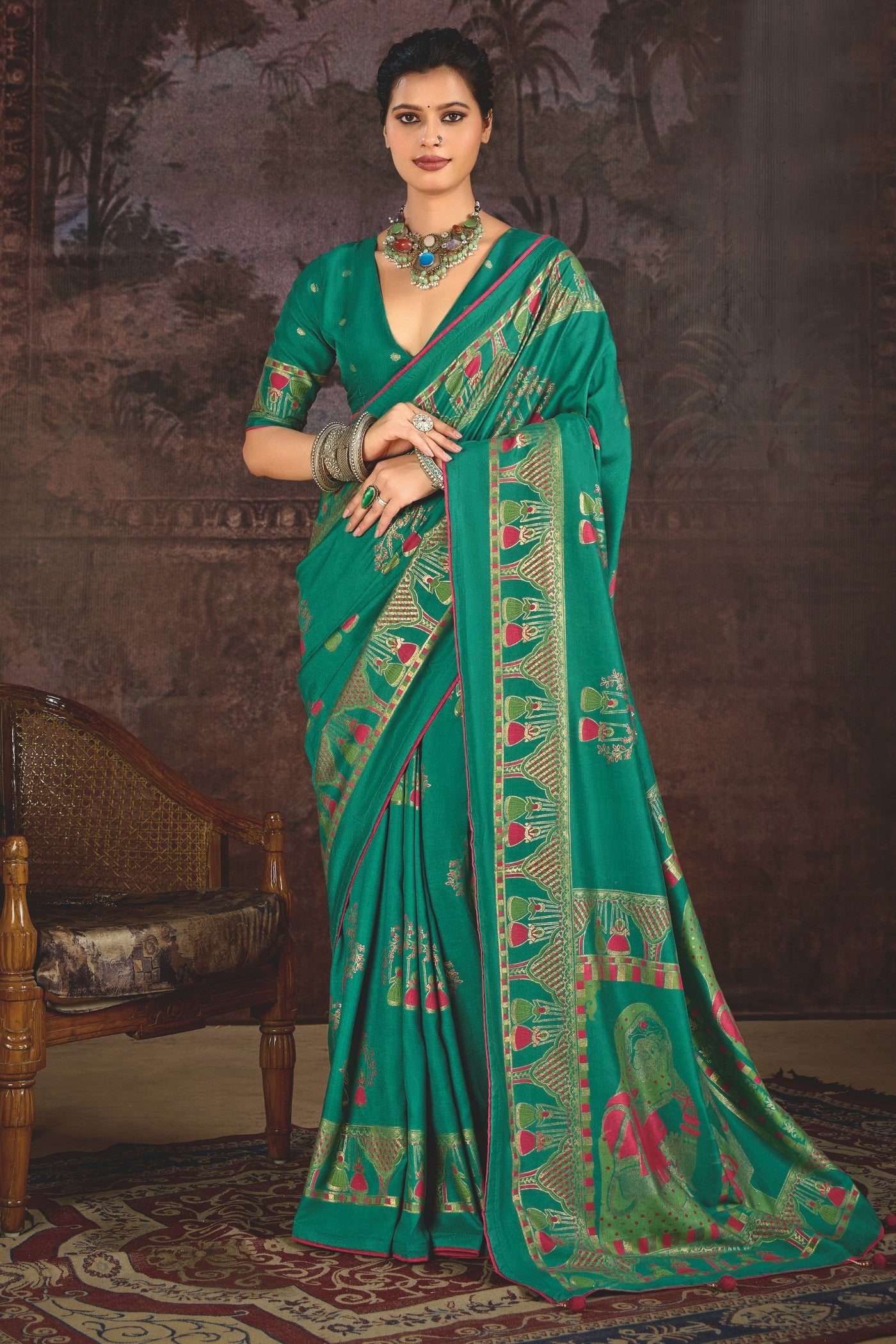 Buy MySilkLove Teal Green Tussar Rajwadi Printed Silk Saree Online