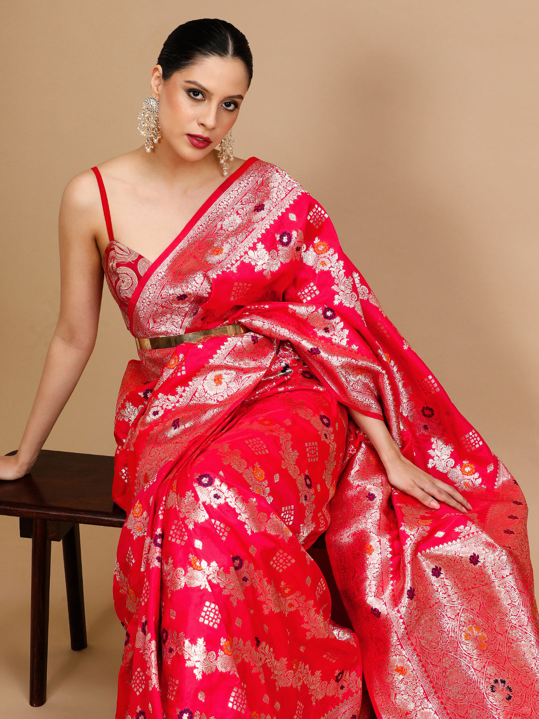 Buy MySilkLove Rosewood Pink Woven Jacquard Lichi Silk Saree Online