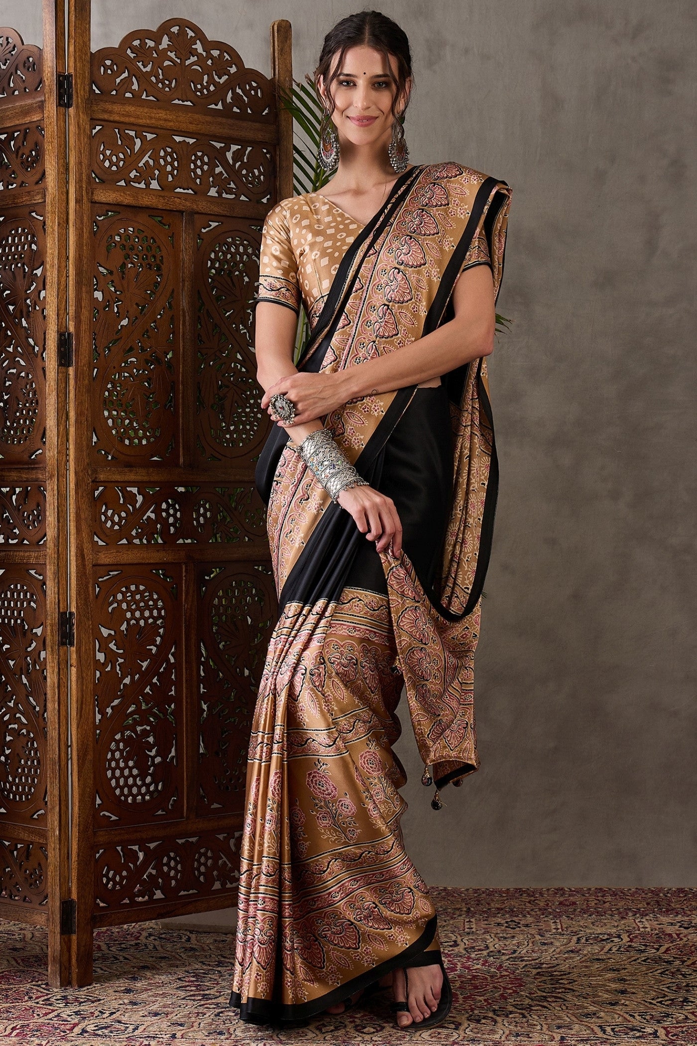 Buy MySilkLove Ebony Black Printed Satin Gaji Silk Saree Online