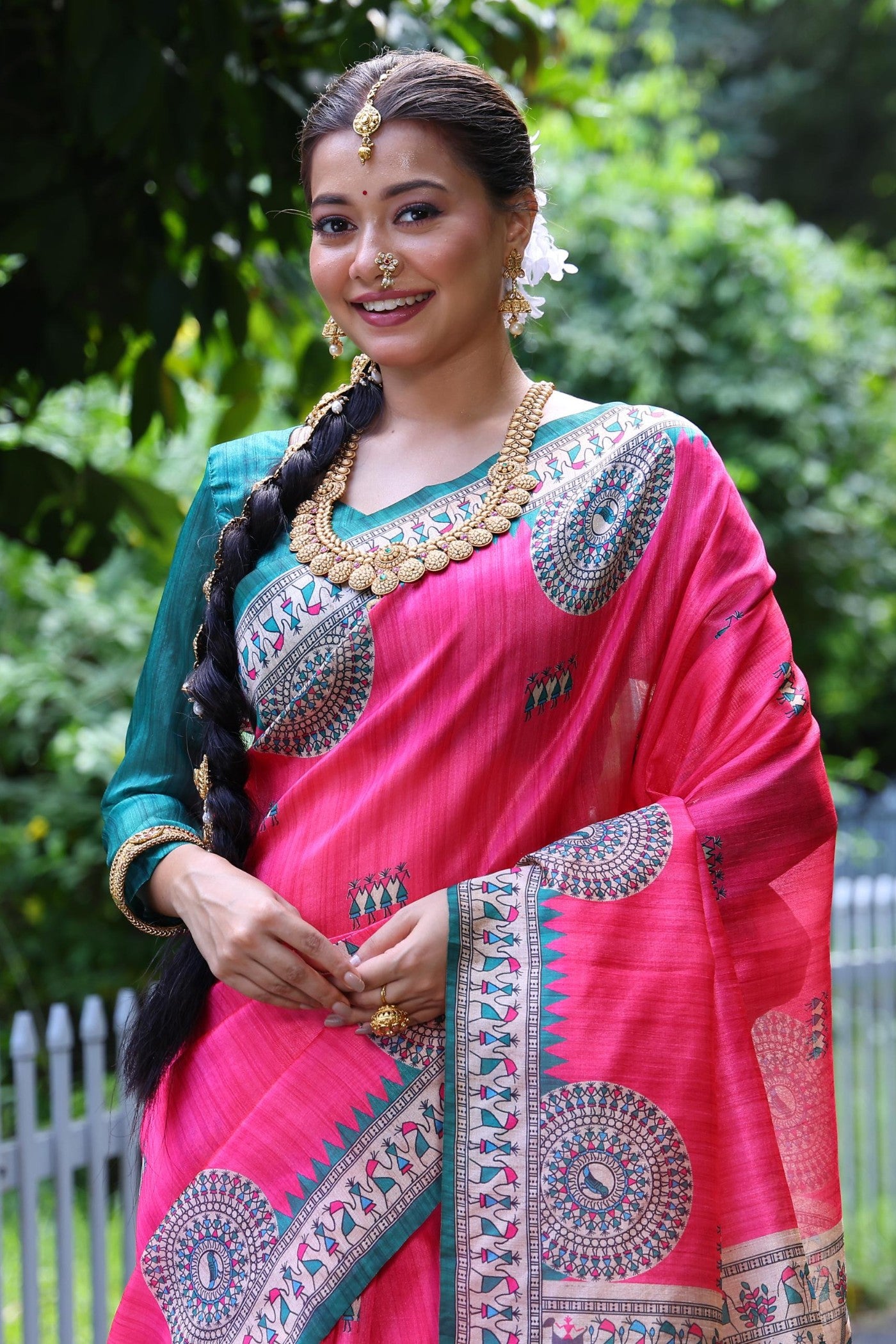 MySilkLove Canary Pink Madhubani Tussar Printed Silk Saree