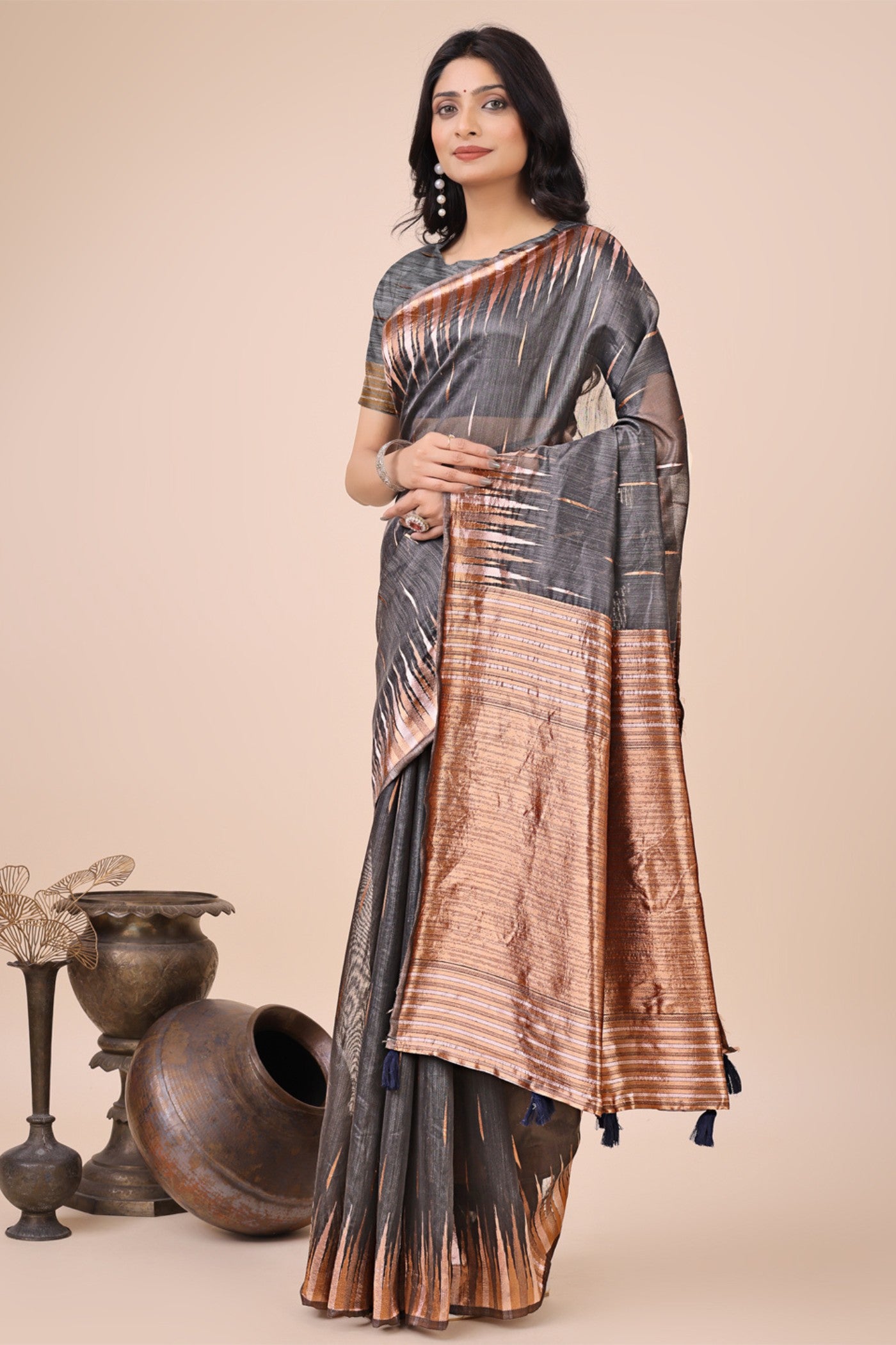 Buy MySilkLove Slate Grey Linen Cotton Saree Online