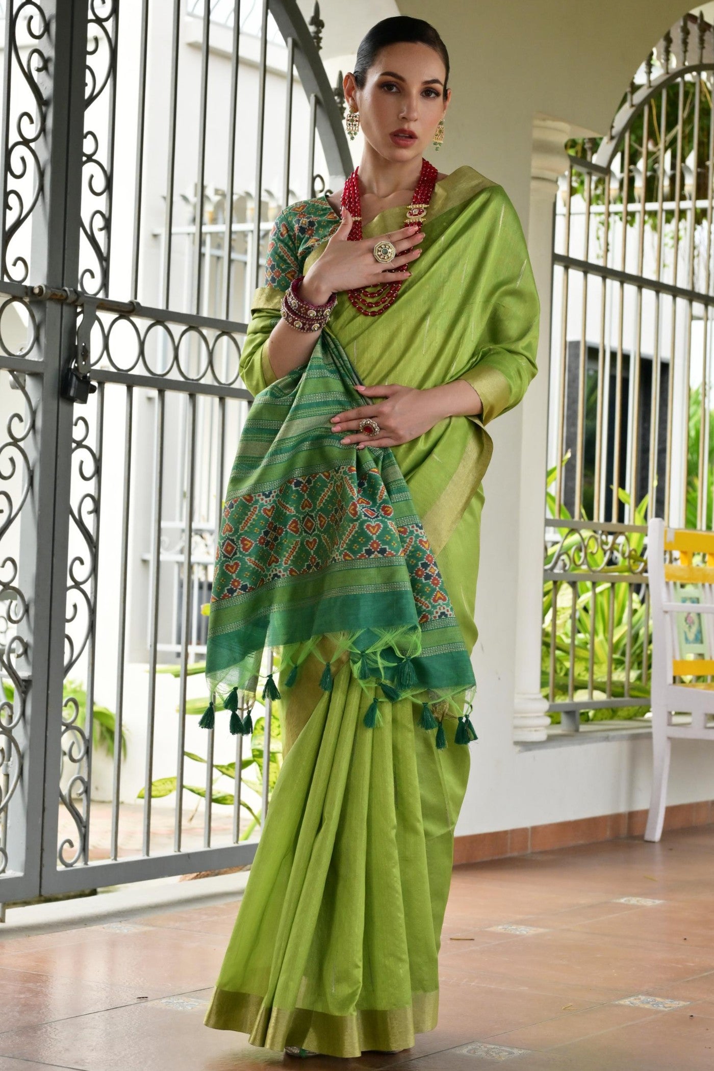 Buy MySilkLove Shamrock Green Meenakari Woven Patola Saree Online