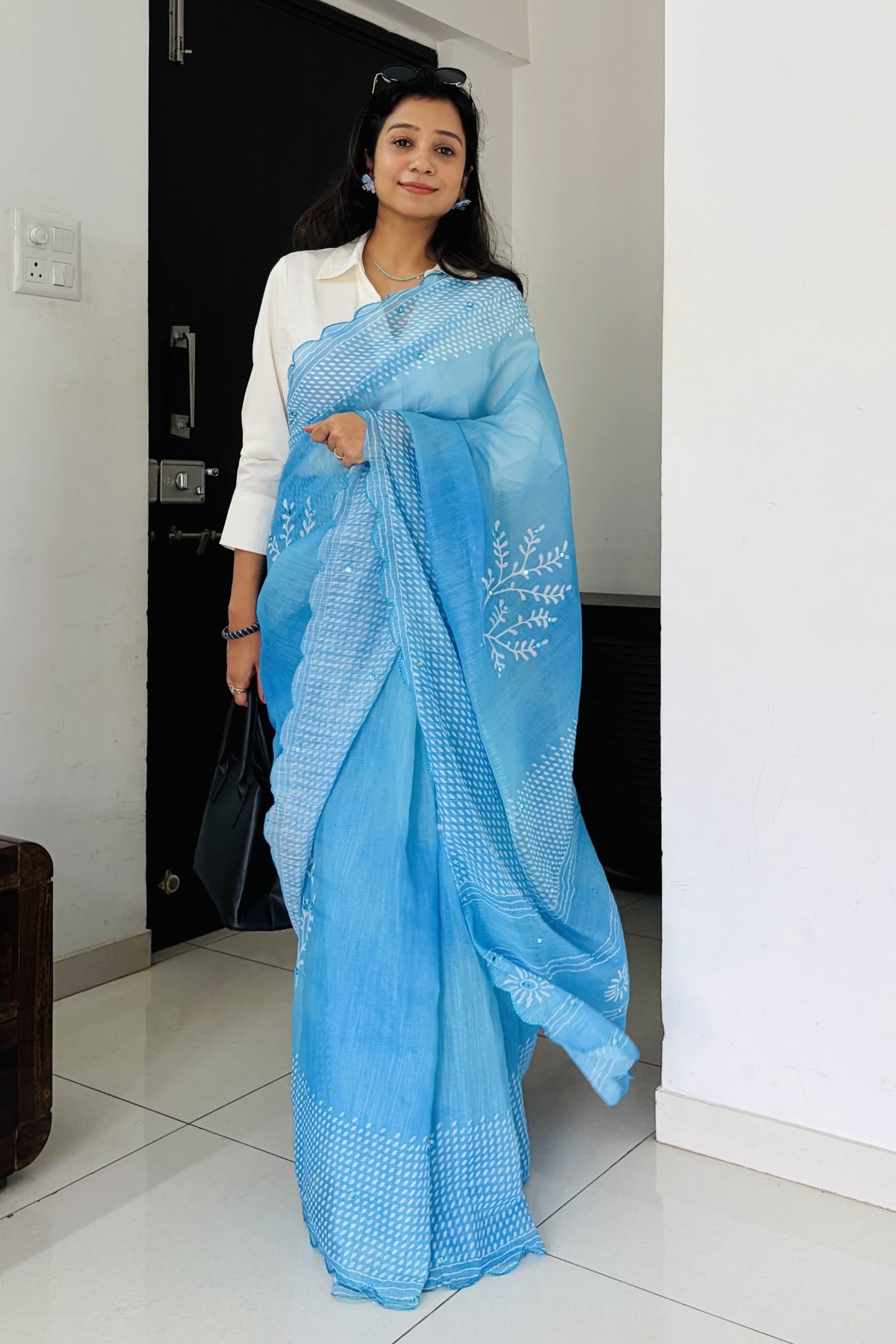 Buy MySilkLove Swim Blue Printed Cotton Saree Online