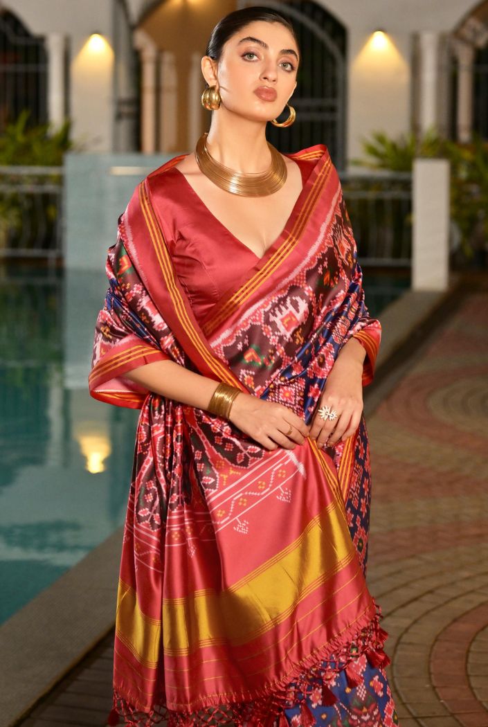 Buy MySilkLove Mulled Wine Blue Printed Patola Soft Silk Saree Online