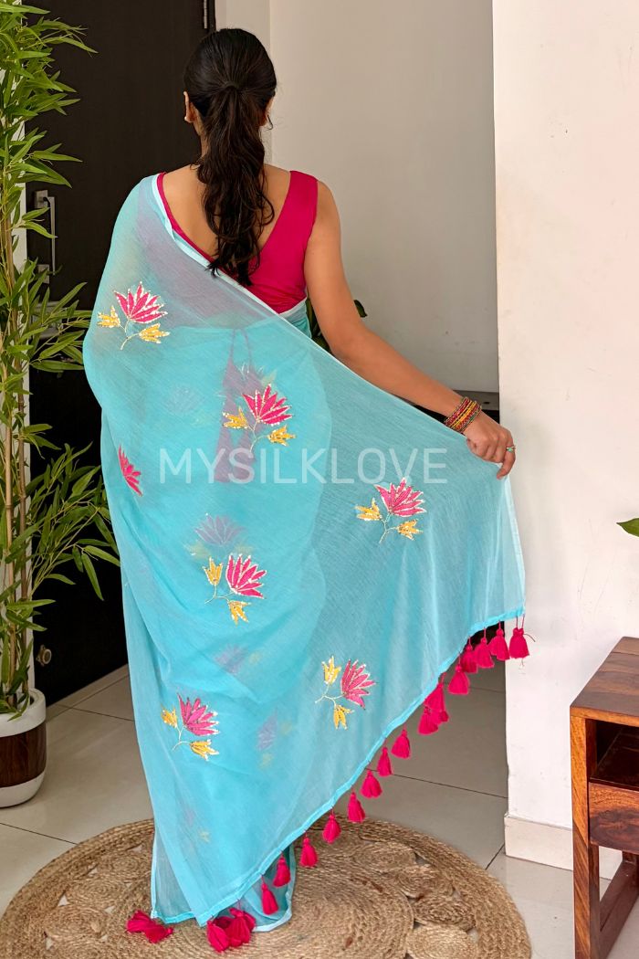 Buy MySilkLove Ocean Blue Pure Mul Mul Cotton Lotus Sequin Work Saree Online