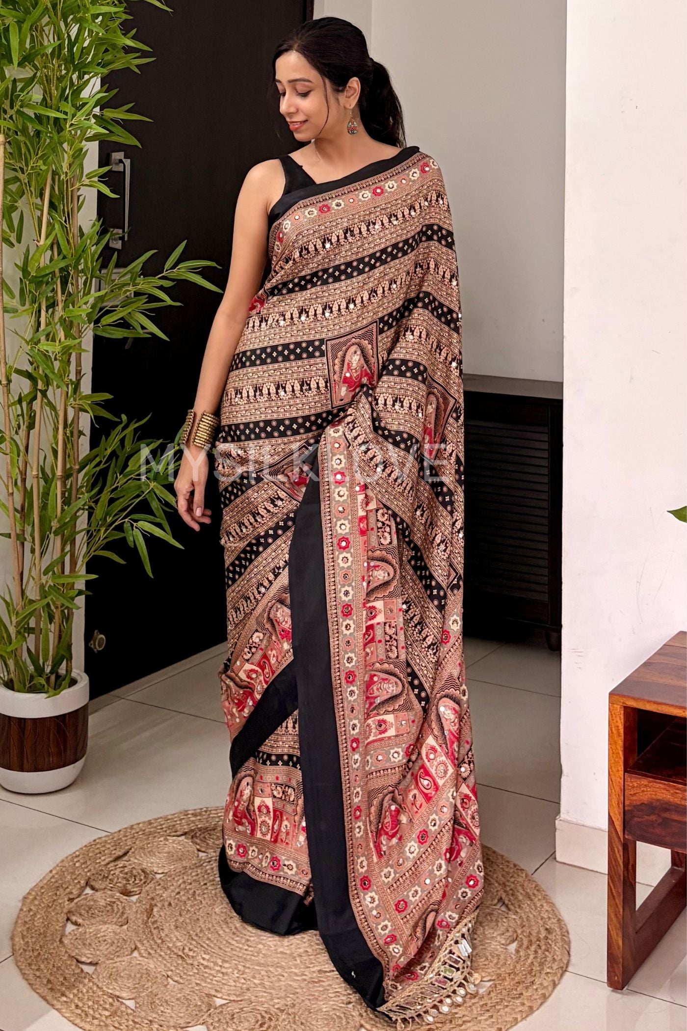 Buy MySilkLove Velvet Black Dulhan Print Satin Mirror Work Saree Online