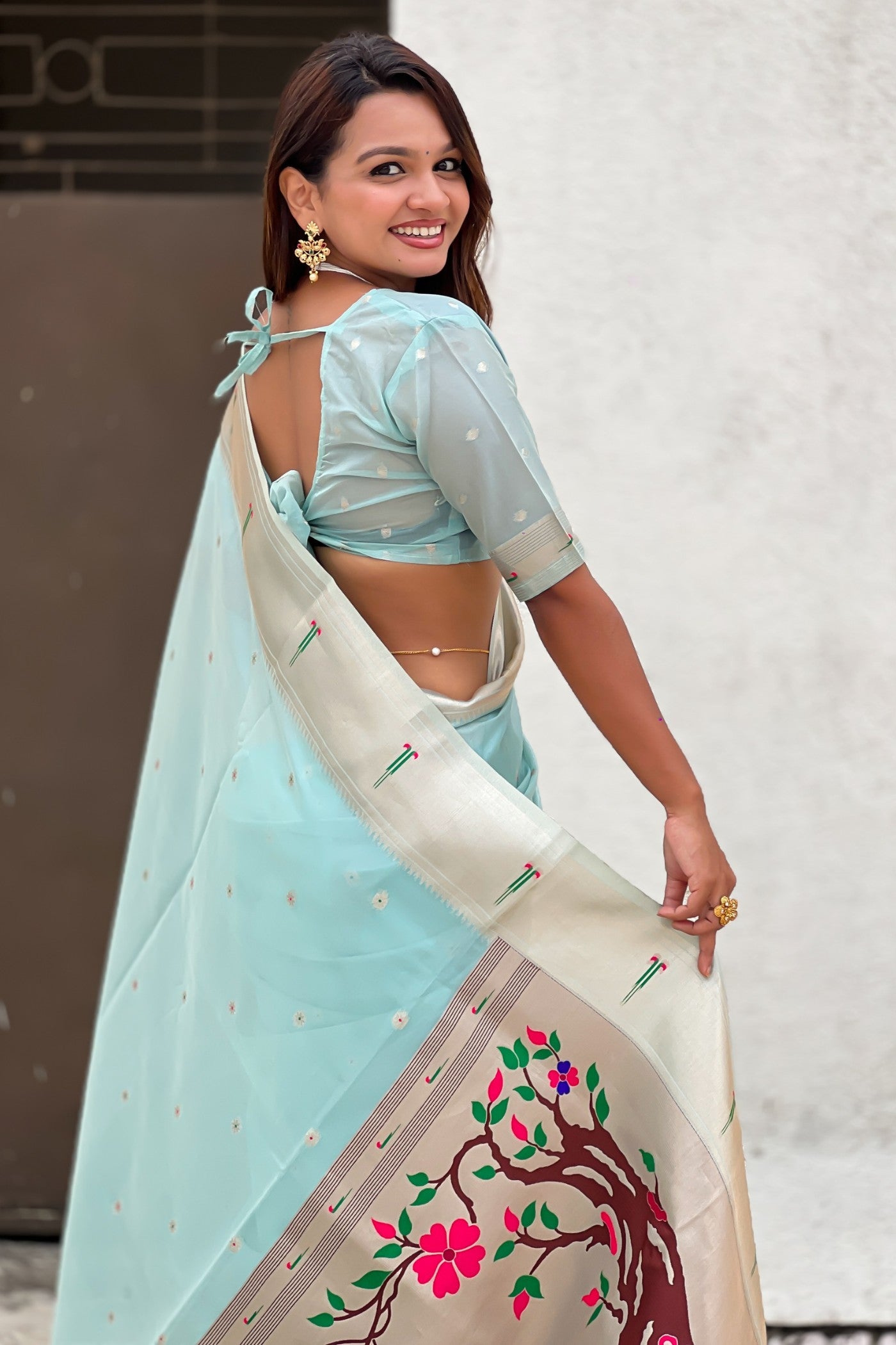 MySilkLove Ice Blue Organza Woven Paithani Saree