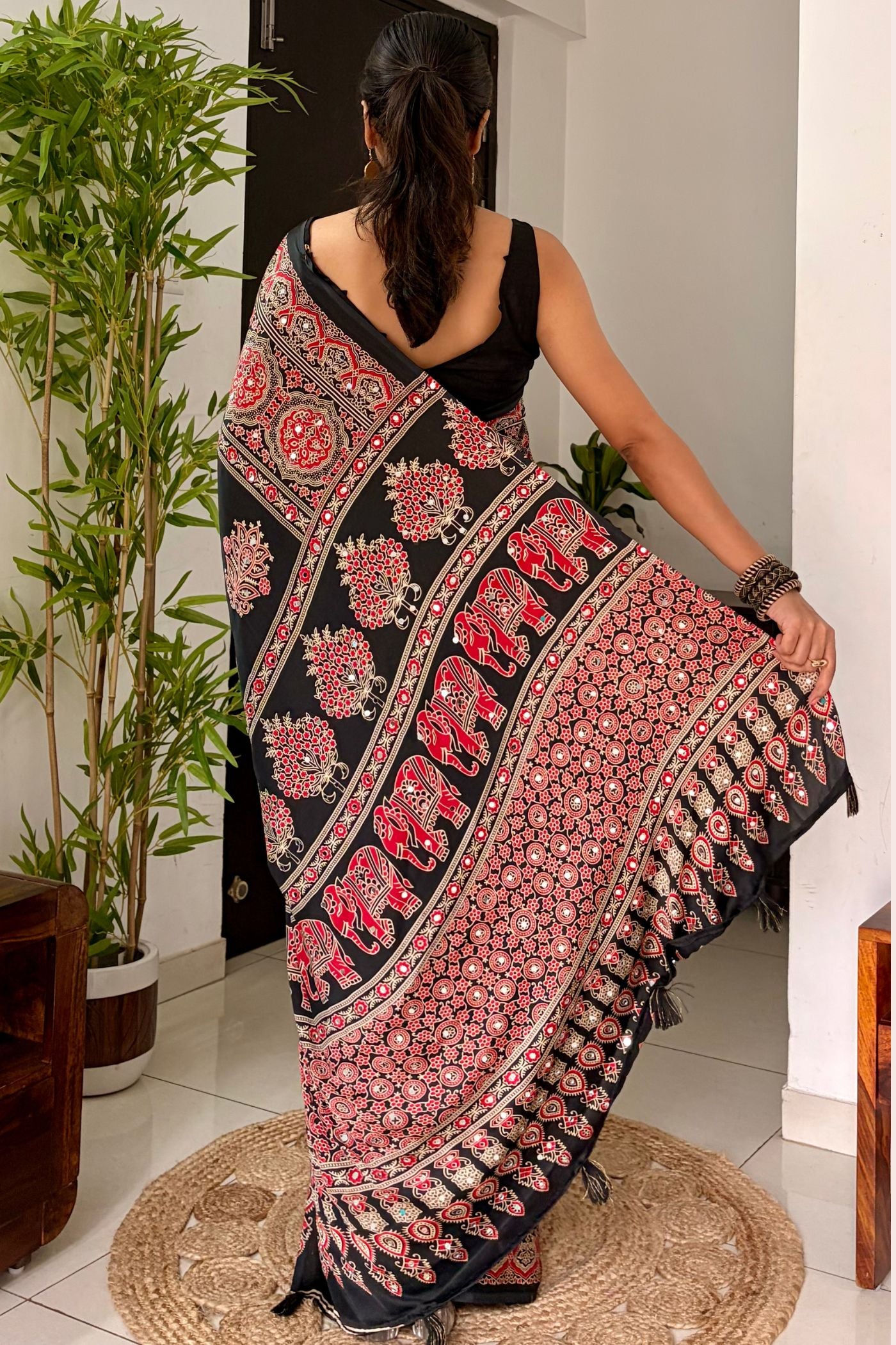 Buy MySilkLove Raven Black Ajrakh Satin Printed Mirror Work Saree Online
