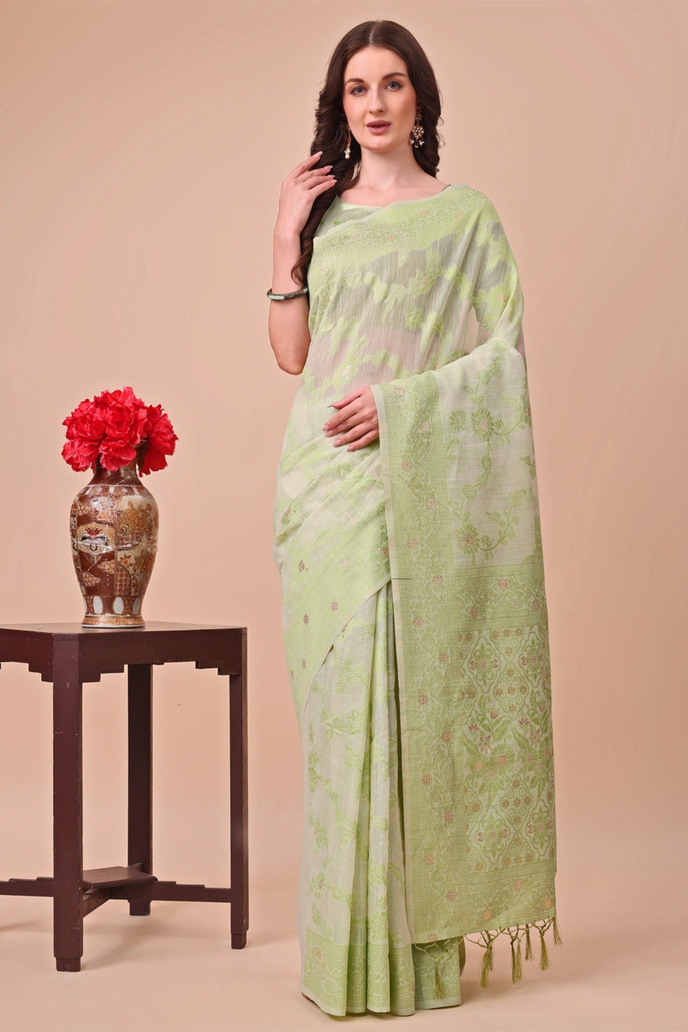 Buy MySilkLove Pista Green Woven Cotton Saree Online
