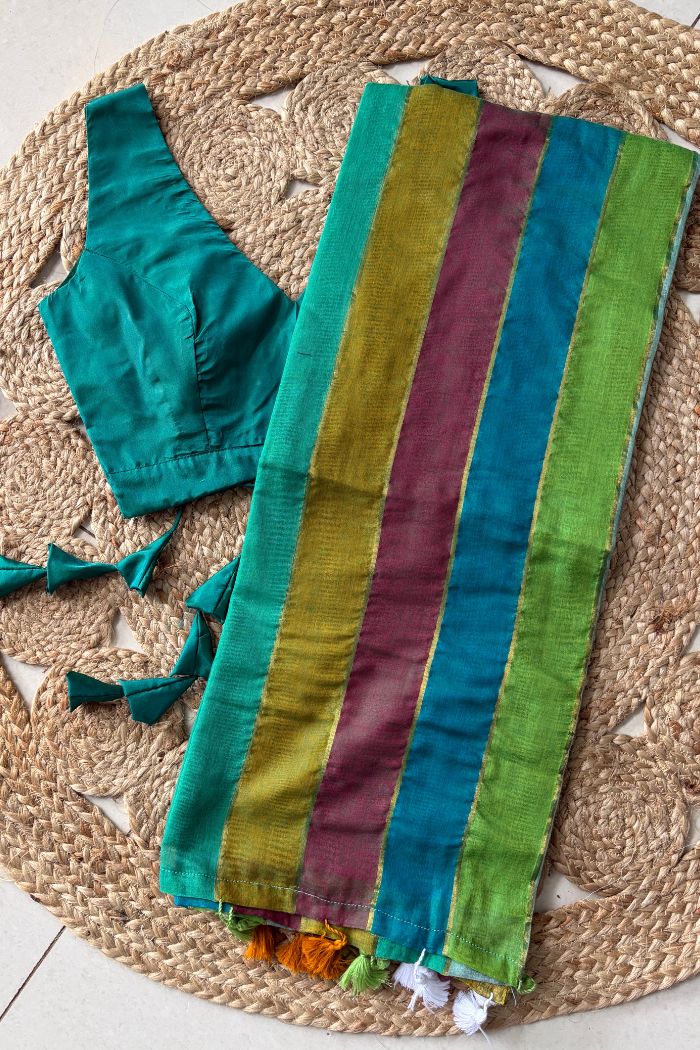 Buy MySilkLove Munticolored Blue Mul Mul Cotton Saree Without Blouse Online