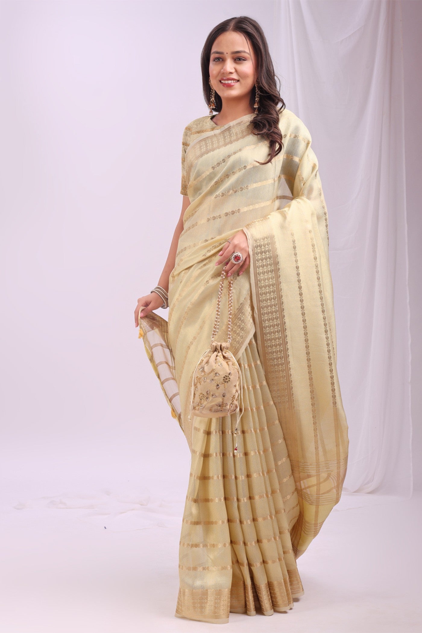 Buy MySilkLove Coco Cream Woven Organza Saree Online