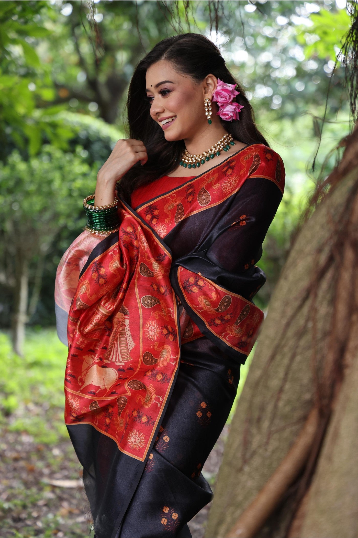 MySilkLove Stone Black Madhubani Tussar Printed Silk Saree