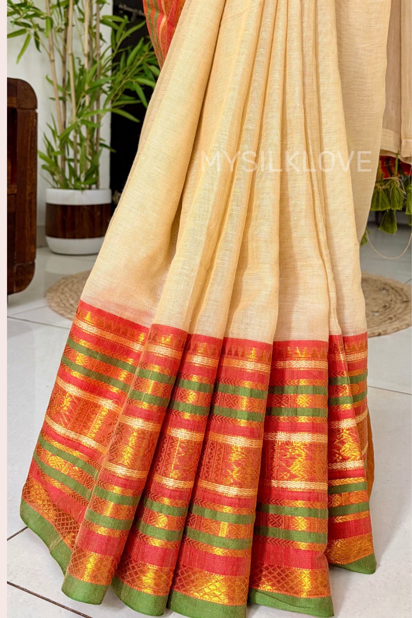 Buy MySilkLove Pistachio Cream Mul Mul Cotton Kanchi Border Kanchipuram Saree Online