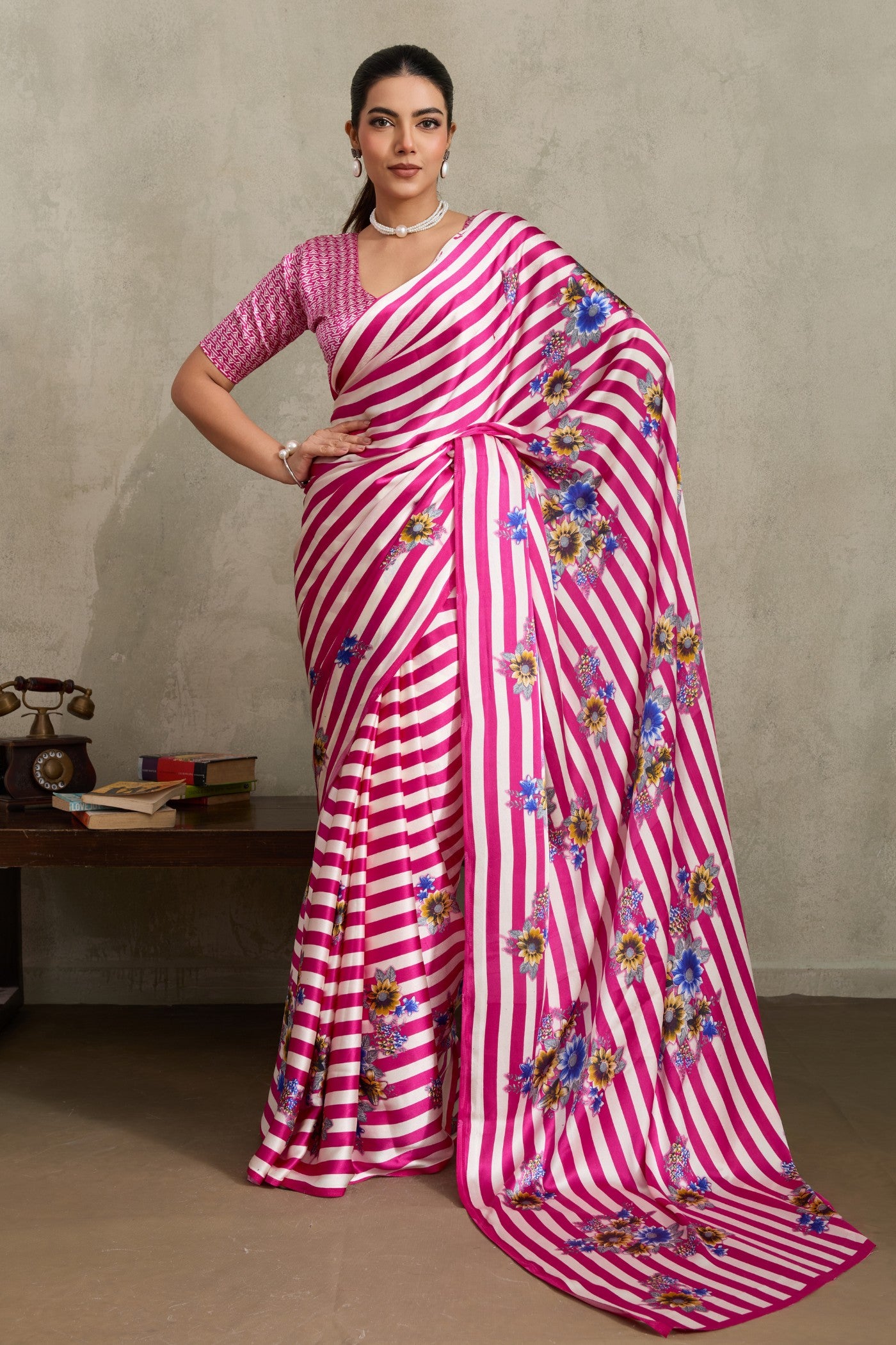 Buy MySilkLove Neon Pink Ajrakh Printed Satin Crepe Silk Saree Online