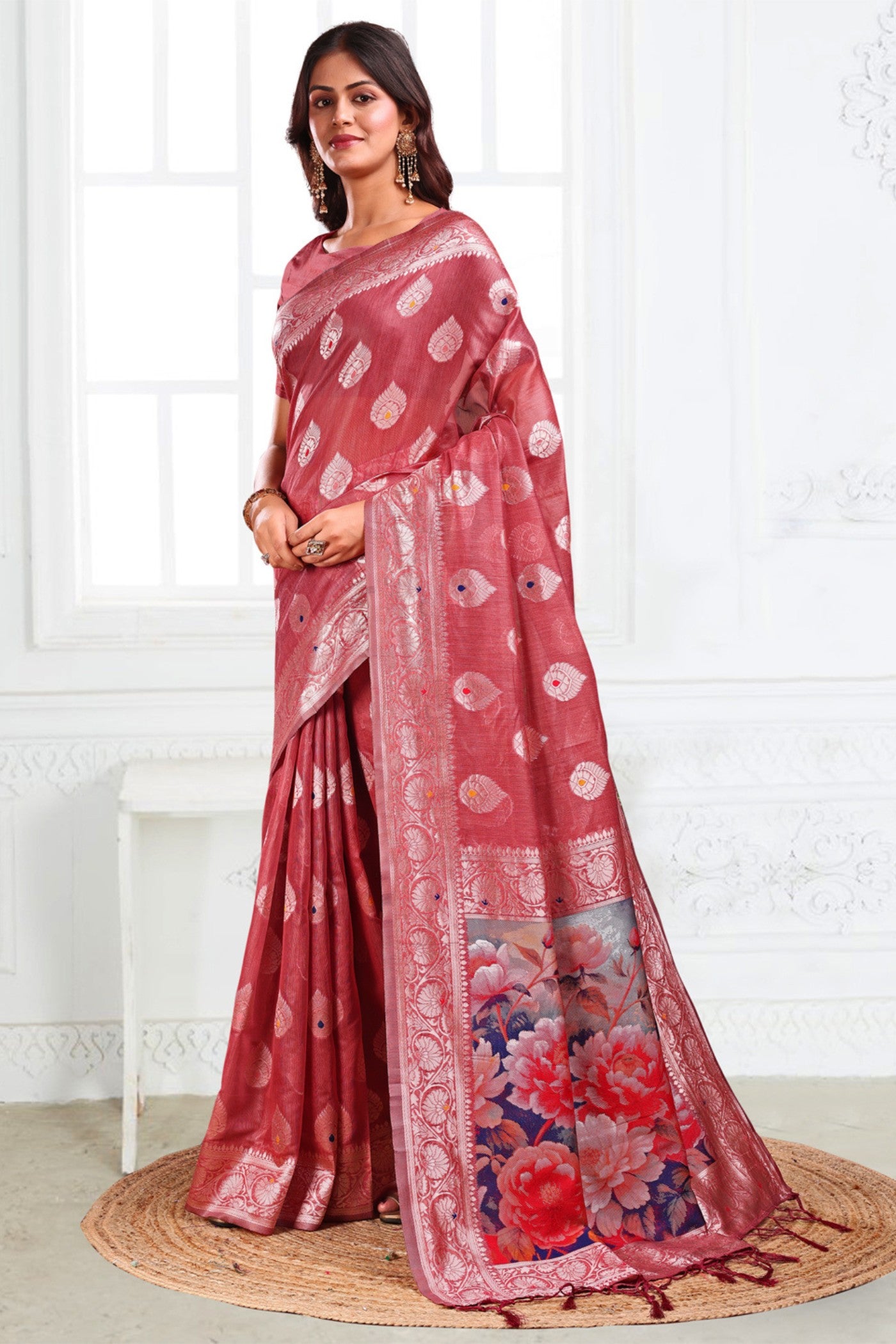 Buy MySilkLove Rust Brown Woven Linen Cotton Saree Online