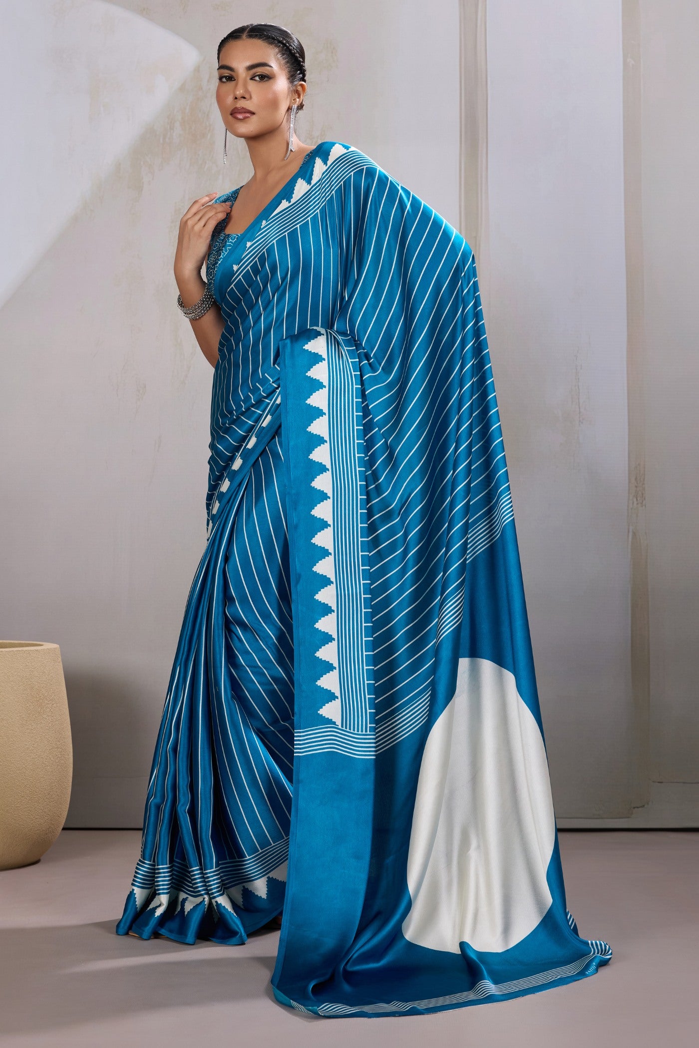 Buy MySilkLove Hydrangea Blue Ajrakh Printed Satin Crepe Silk Saree Online