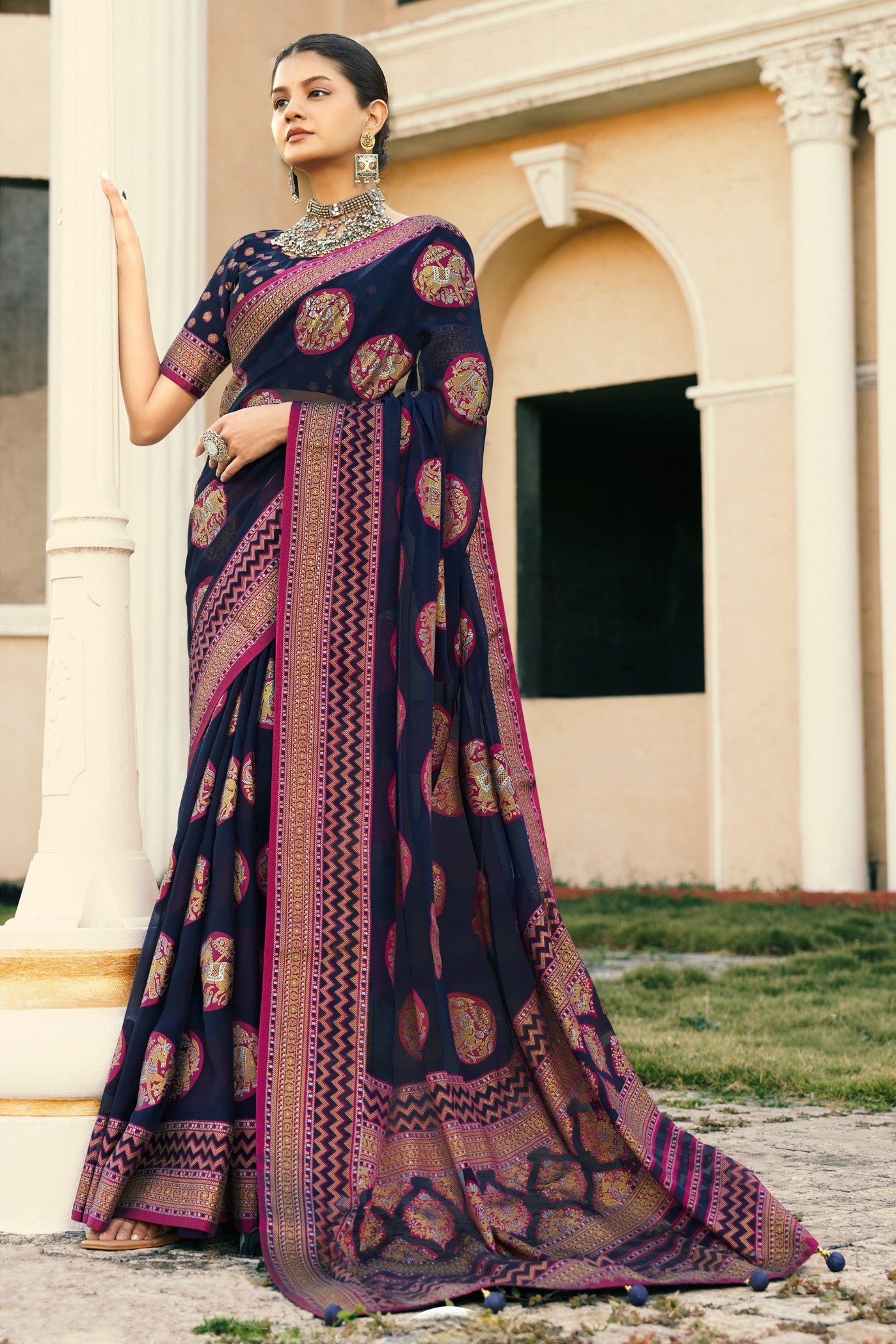 Buy MySilkLove Gunmetal Blue Banarasi Georgette Saree Online