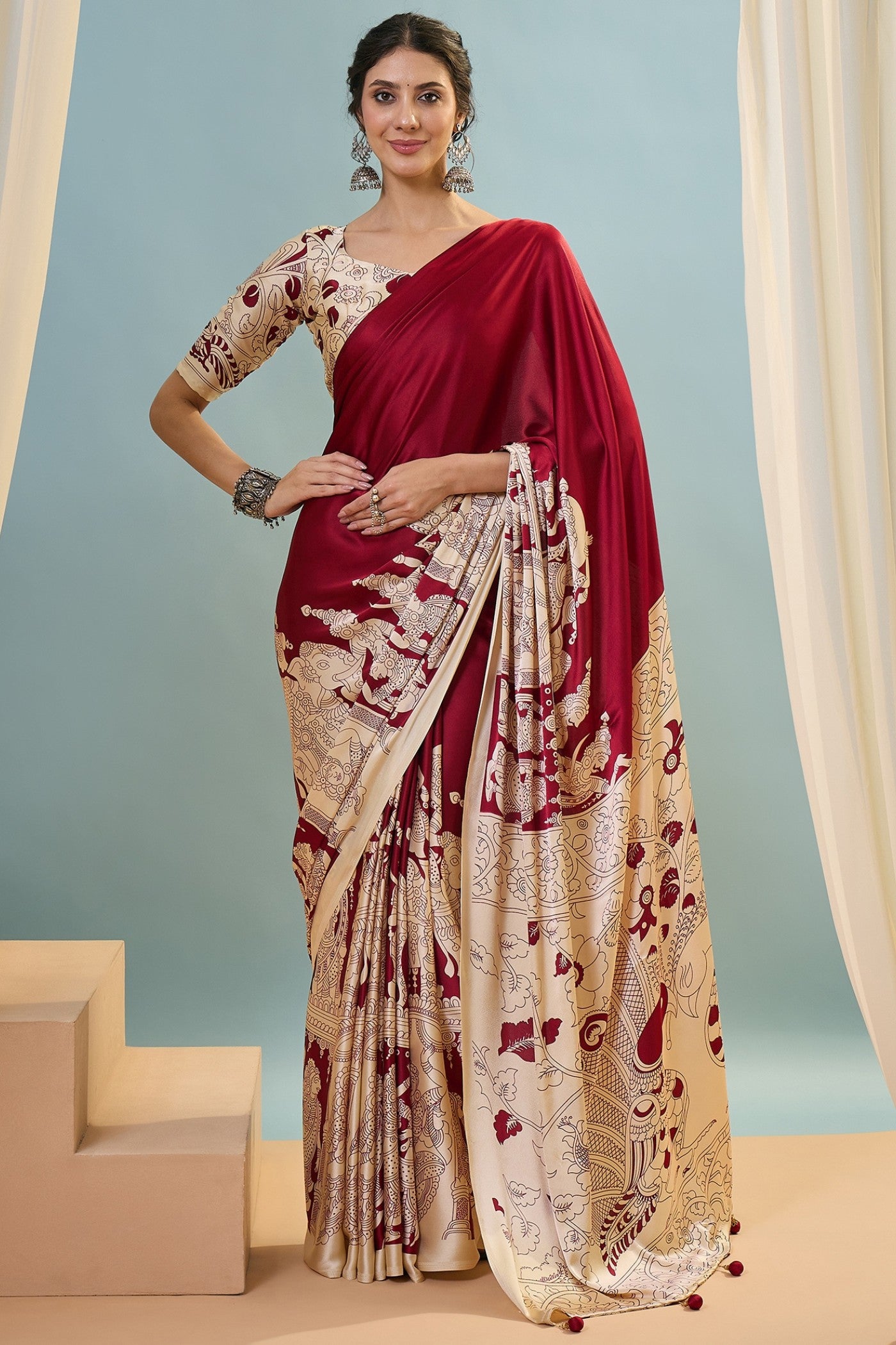 Buy MySilkLove Berry Red Ajrakh Printed Satin Crepe Silk Saree Online