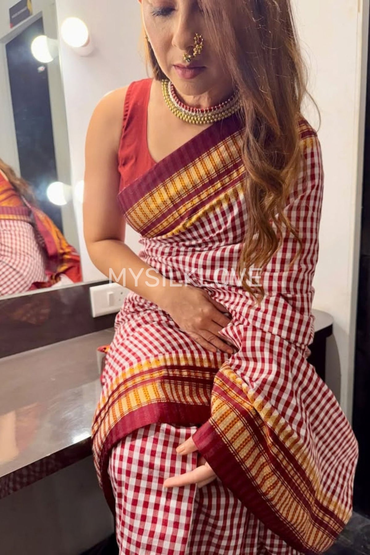 Buy MySilkLove Sonali Kulkarni Inspired: Brown Checks Pattern Pure Silk Irkal Saree Online
