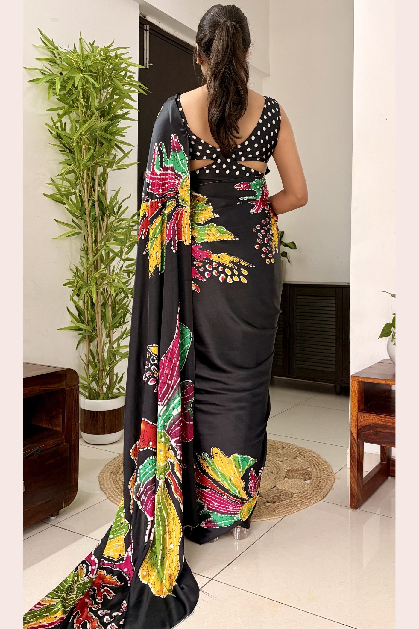 Buy MySilkLove Midnight Black Bloom Floral Mirror Work Satin Silk Saree Online
