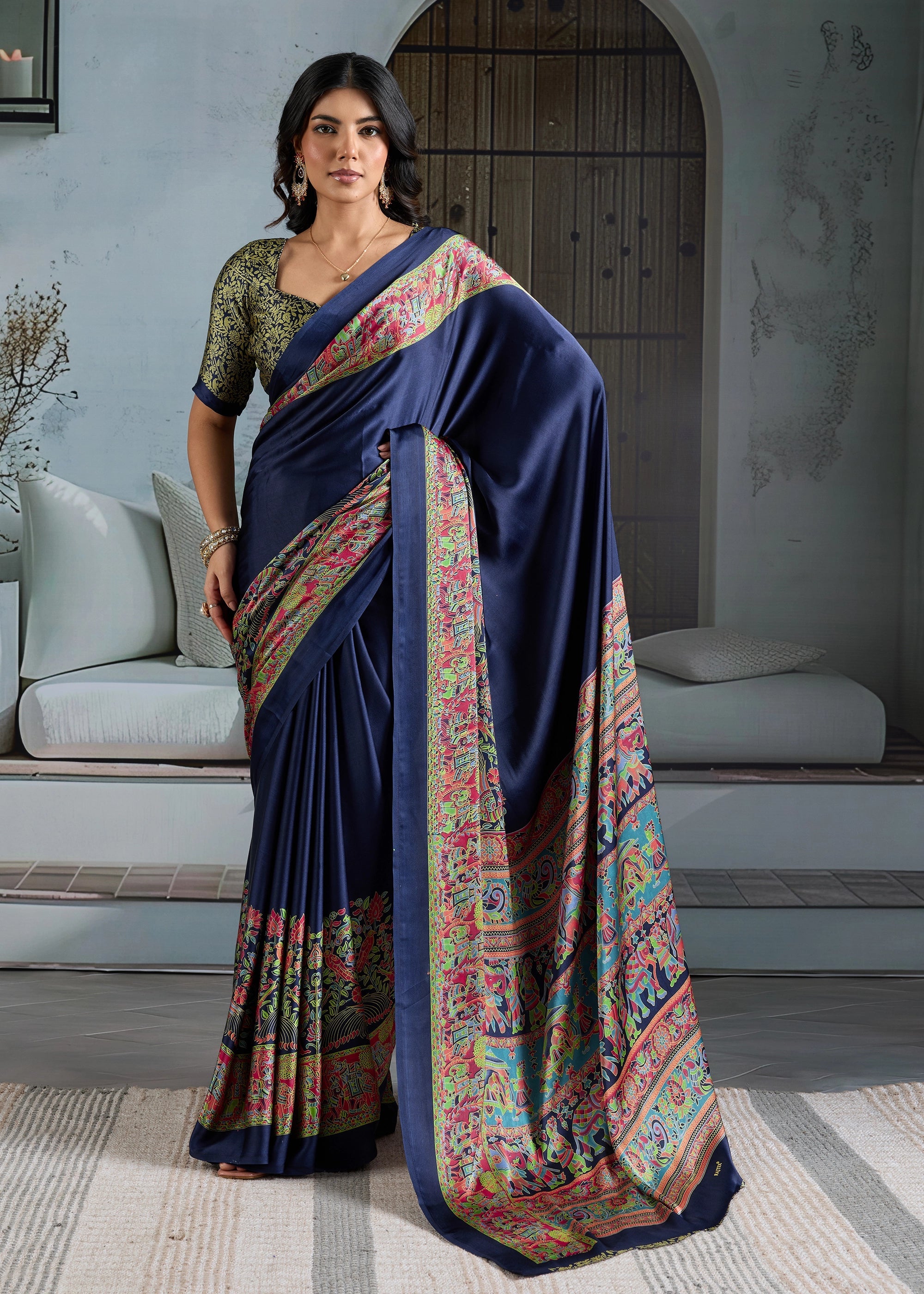 Buy MySilkLove Vivid Blue Printed Satin Crepe Silk Saree Online