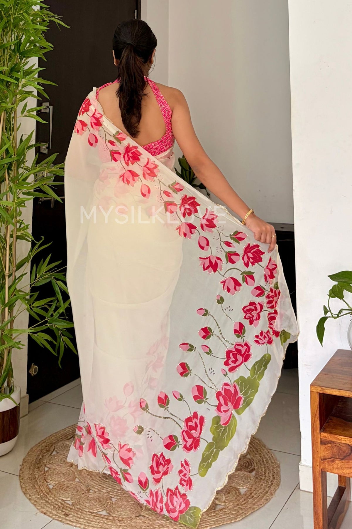 Buy MySilkLove Magnolia White Georgette Lotus Sequin Embroidery Saree Work with Patola Designer Blouse Piece — Buy Online | MySilkLove Online