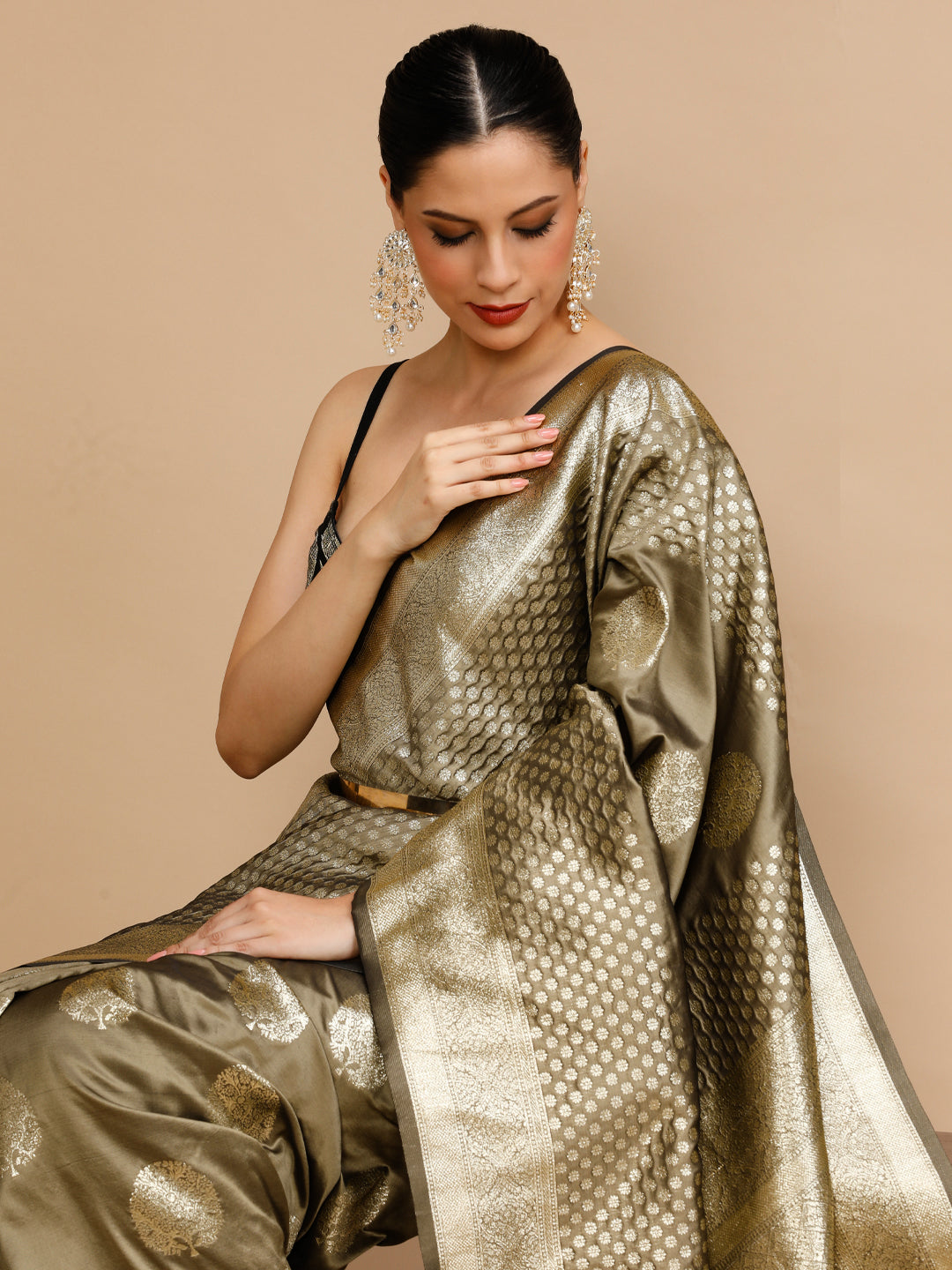Buy MySilkLove Bronze Gold Woven Jacquard Lichi Silk Saree Online