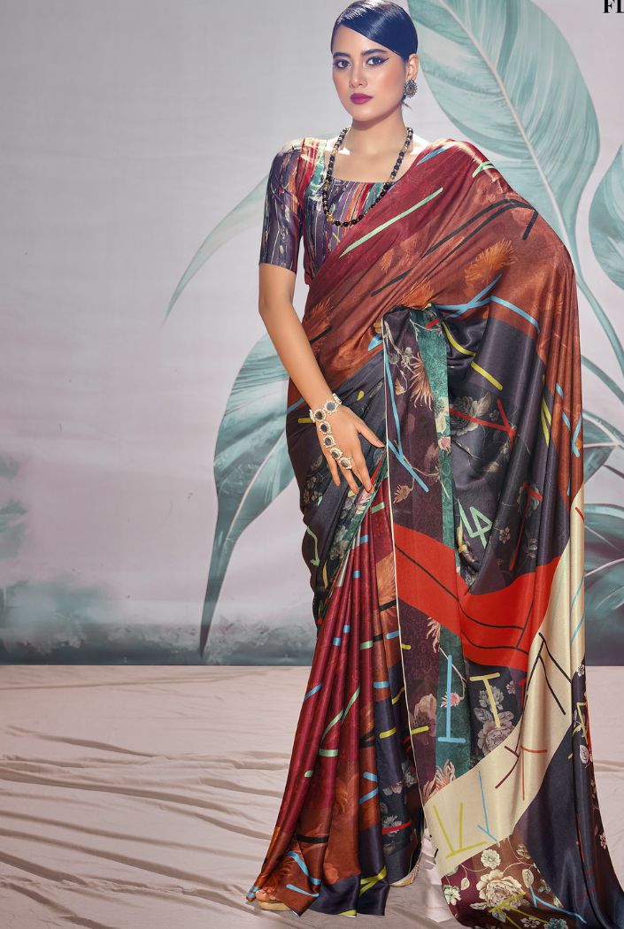 Buy MySilkLove Au Chico Brown Printed Satin Silk Saree Online