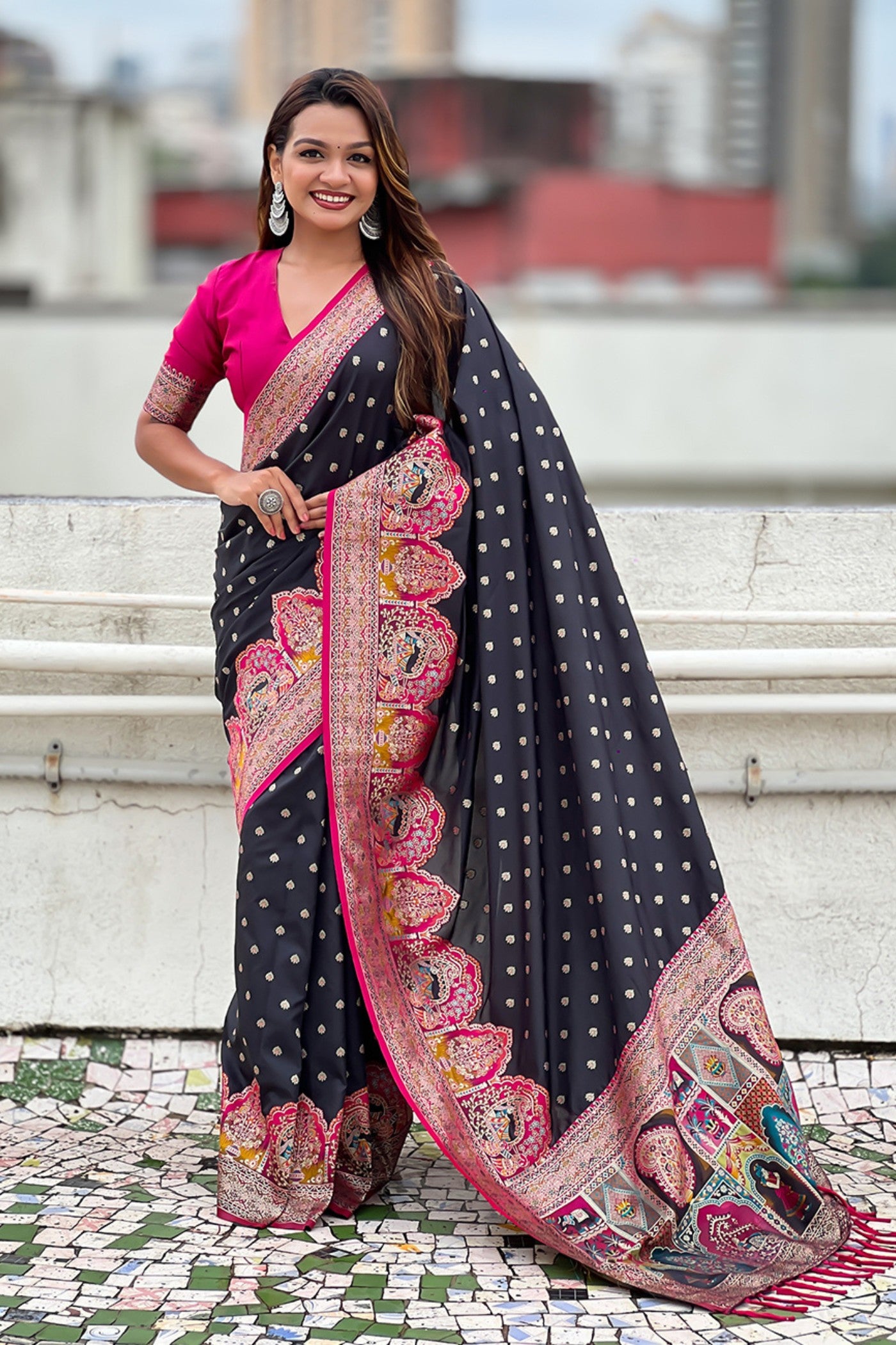 Buy MySilkLove Pitch Black Woven Banarasi Saree Online